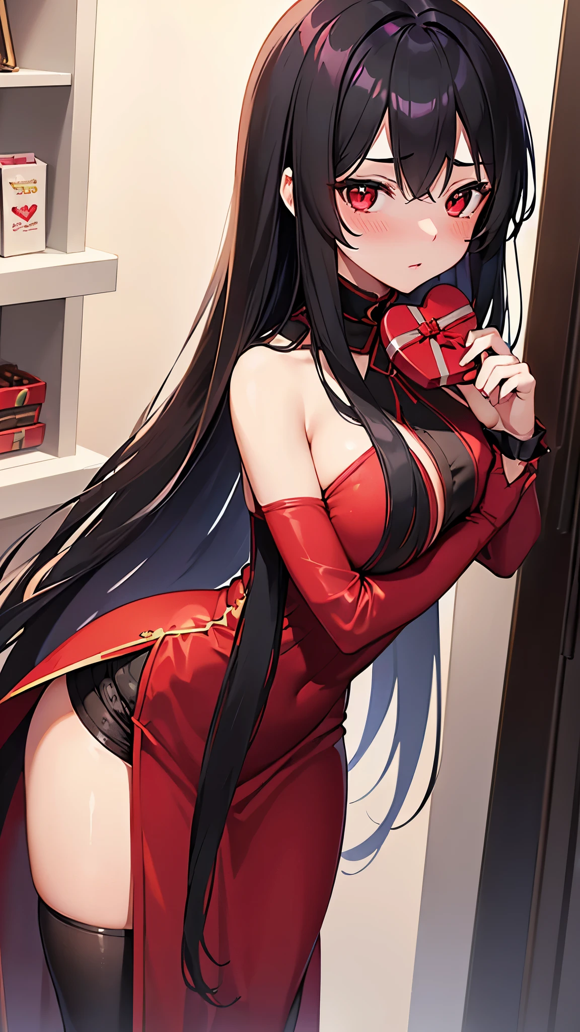 ((holding gift valentine chocolate)), frontal (solo black hair long straight hair femdom girl, yo, bigboobs:1.5, detailed red eyes, blushing), in a nighat dress, show the valentine chocolates, love to, perfect anatomy, break, masterpiece:1.2, best quality, 8k, beautiful detailed grow, daydreaming expression.