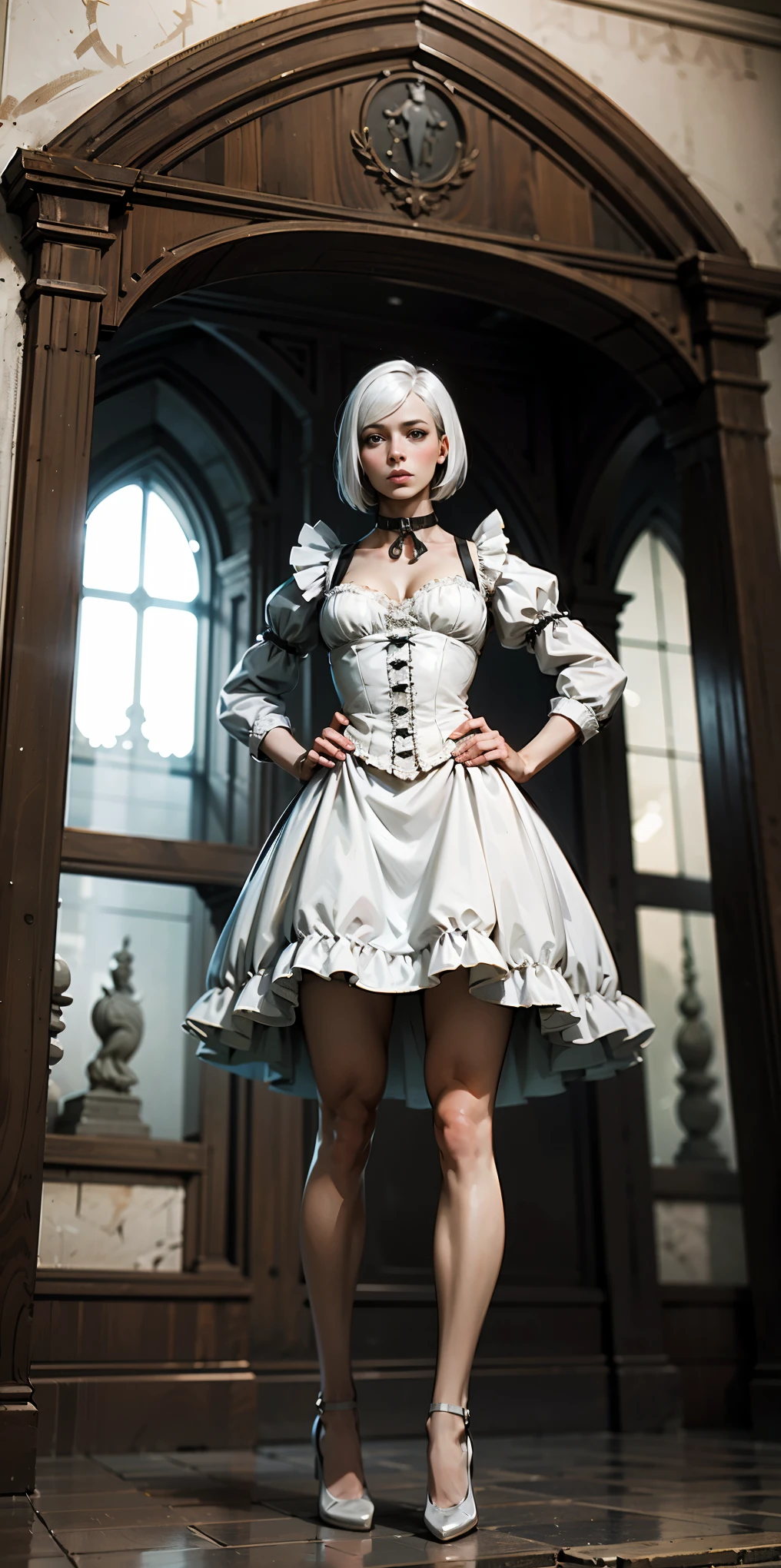 White hair, short bob hair, pinched eyes, thin legs, thin body, leather collar, maid outfit victorian, full body standing symmetrical, hands on hips, wide hips, view from below,
