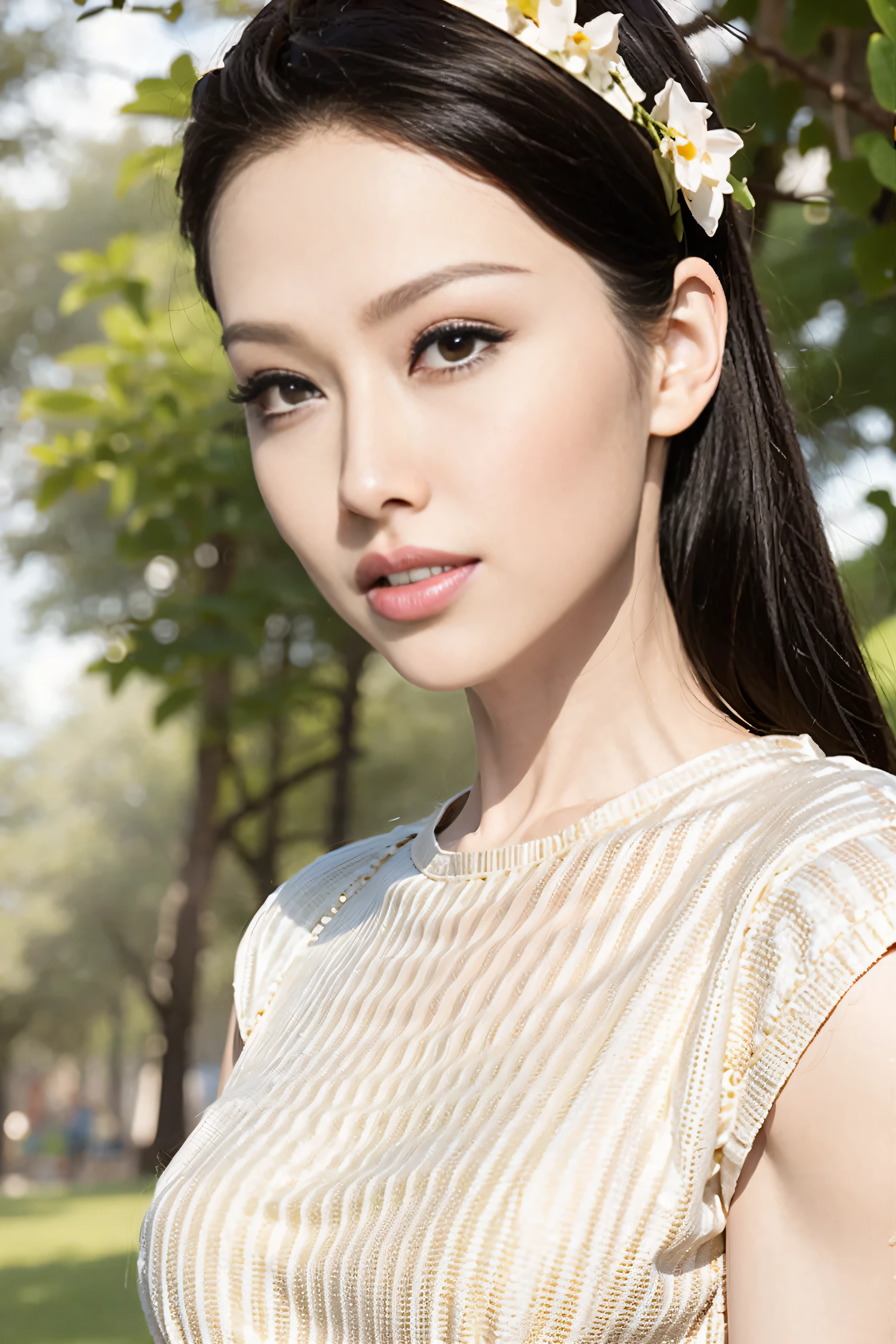 Fashion model 20 years old [[[[close up]]]], [[[[neck]]]], [[[[Shoulder]]]], perfect eyes, perfect iris，perfect lips，perfect teeth，perfect skin，White skin，Soft headlight，High density imaging review，Face slimming type，slender nose，long black hair，（Face is clear and delicate），white casual wear，The background is outdoor，green trees and grass，best quality，masterpiece，（pastel colors：1.2）