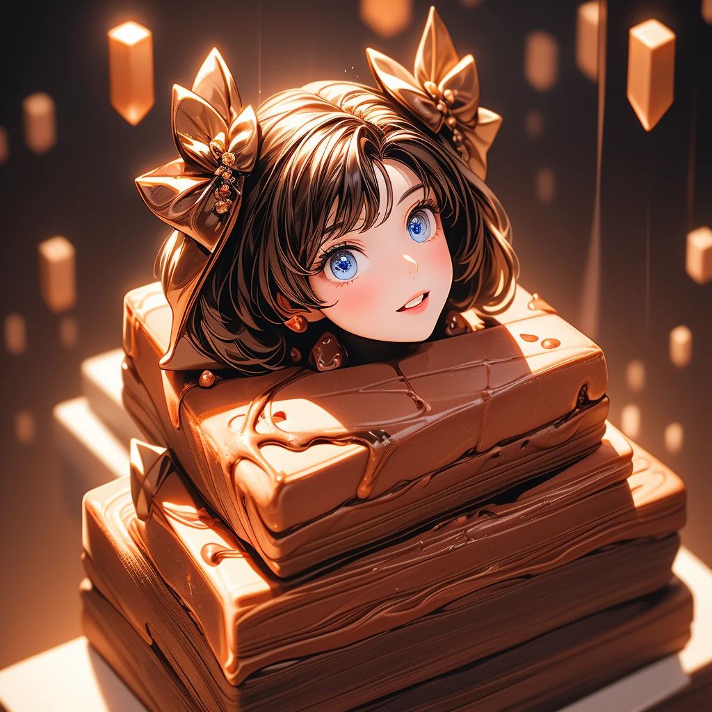 1girl solo, looking at viewer, short hair, open mouth, bangs, blue eyes, brown hair, chocolate ornament, parted lips, blurry, depth of field, glowing, from above, looking up, light particles, floating chocolate, backlighting, science fiction, android, floating object, robot joints, cube, chocolate world