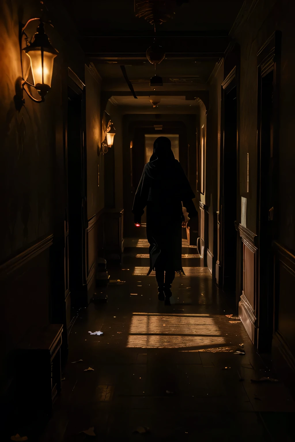 Interior shot of a dimly lit hallway: A highly detailed image capturing the decaying grandeur of a hallway within the hotel, with peeling wallpaper, creaking floorboards, and flickering gas lamps casting long, sinister shadows that seem to reach out and grab at the viewer. In the center of the hallway stands a figure cloaked in darkness, its features obscured by the dim light. Its silhouette is unnaturally elongated, and its posture is stooped as if weighed down by the weight of the shadows themselves. Despite the darkness, a pair of glowing red eyes pierce through the gloom, fixated on the viewer with an intensity that sends chills down the spine.