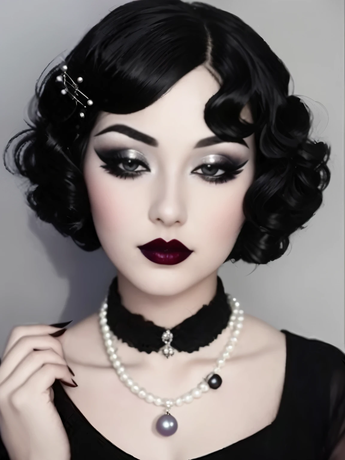 a close up of a woman with a pearl necklace and a pair of scissors, dystopian retro 1920s vibe, vintage makeup, 1920s vibes, bubble goth makeup, dark makeup, goth makeup, up face with 1 9 2 0 s hairstyle, inspired by Min Zhen, dark make up on her face, gothic makeup, inspired by Evaline Ness