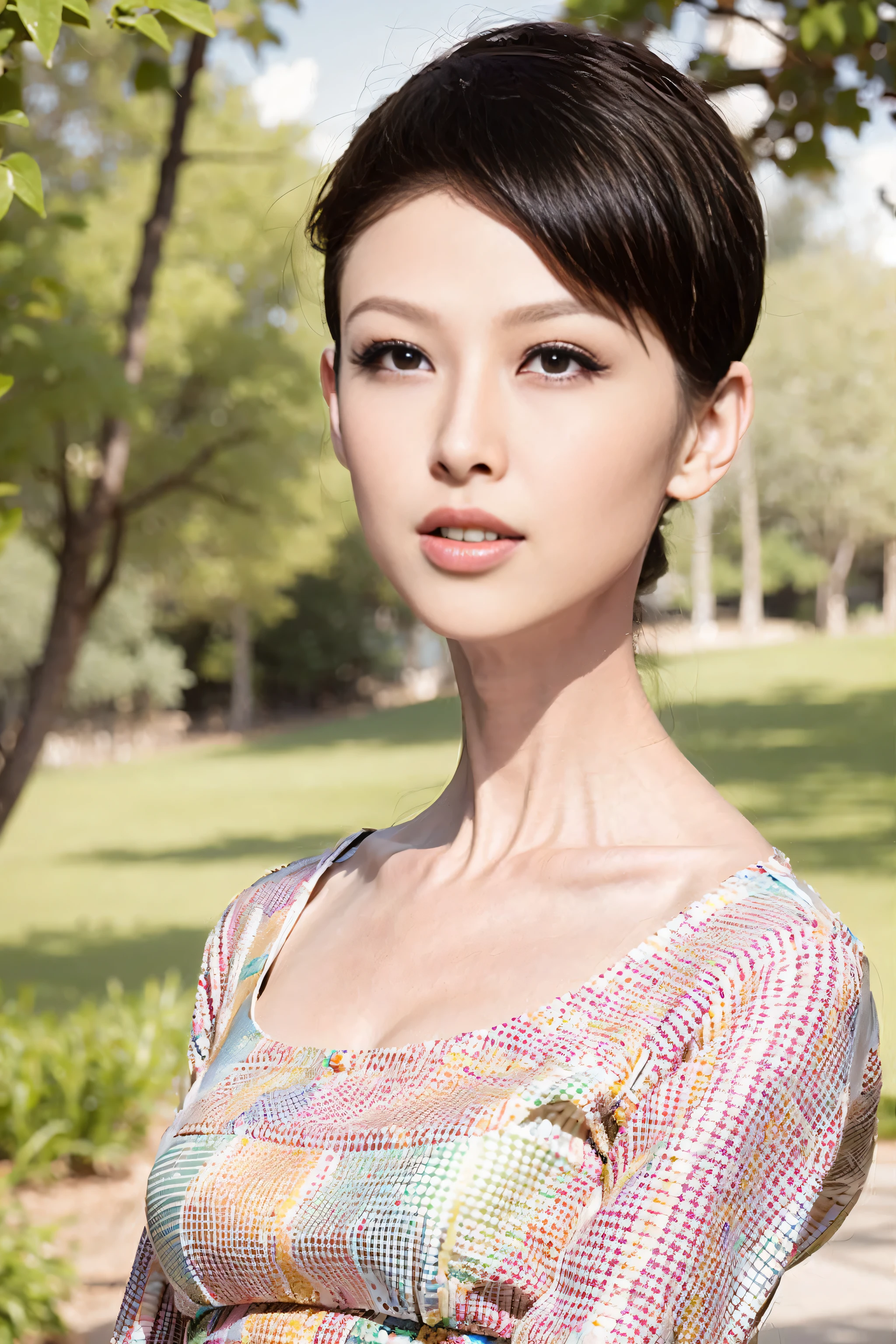 Fashion model 20 years old [[[[close up]]]], [[[[neck]]]], [[[[Shoulder]]]], perfect eyes, perfect iris，perfect lips，perfect teeth，perfect skin，White skin，Soft headlight，High density imaging review，Face slimming type，slender nose，long black hair，（Face is clear and delicate），white casual wear，The background is outdoor，green trees and grass，best quality，masterpiece，（pastel colors：1.2）