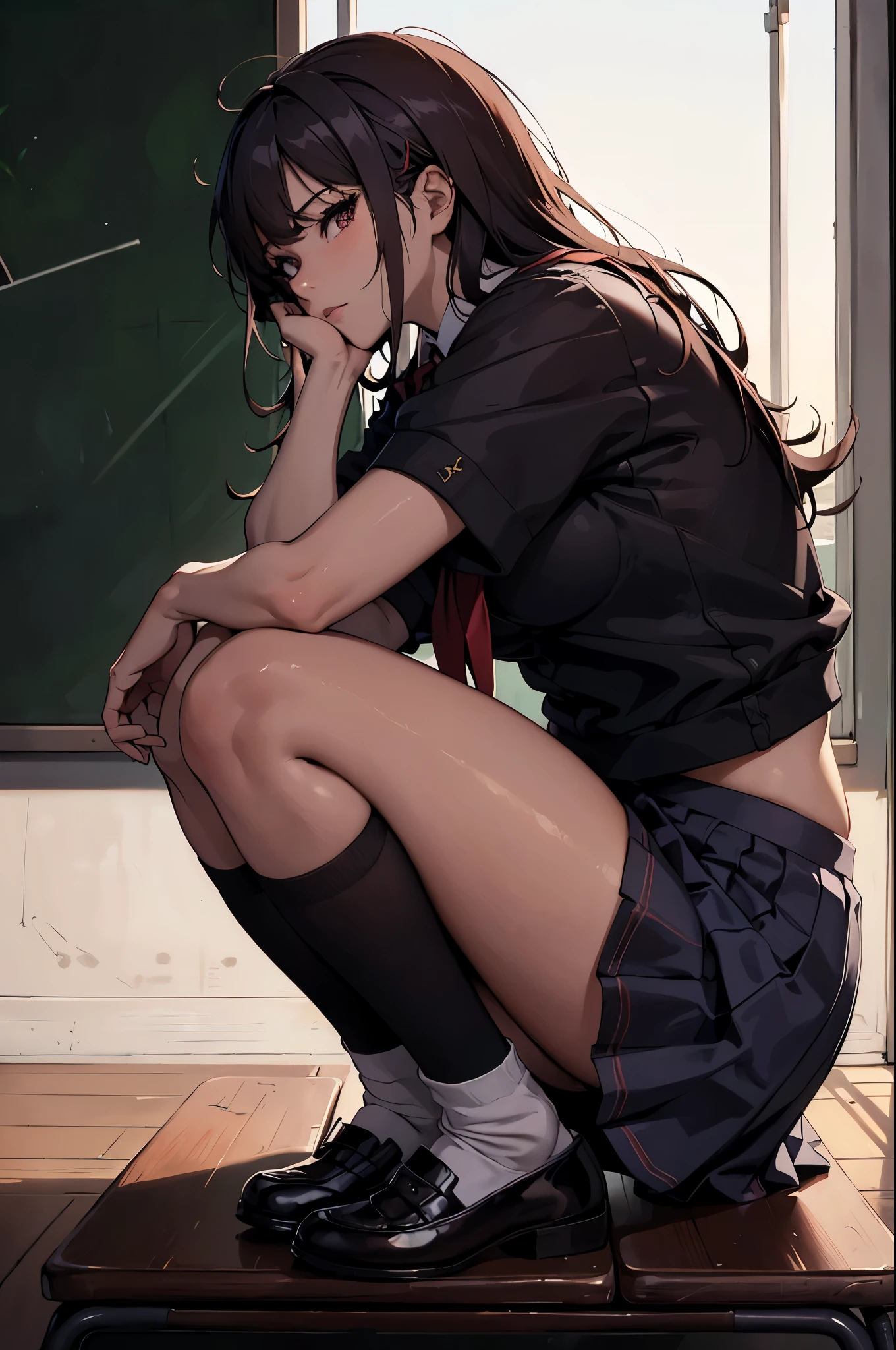 (masterpiece, highest quality), (high resolution, details,retina),beatiful backgrounds,anatomically correct,Accurate drawing,Detailed drawing,high-class sense,
anime, line-art:1.5, flat shading,

Solo: 1.2,woman,(detailed face:1.2),(detailed hair:1.2),
(School uniform: 1.5), Baggy socks、
(Unruly hair, voluminous hair),
(Beautiful thighs: 1.0),bare flank:1.6,

side view:1.2, fetal position:1.6,