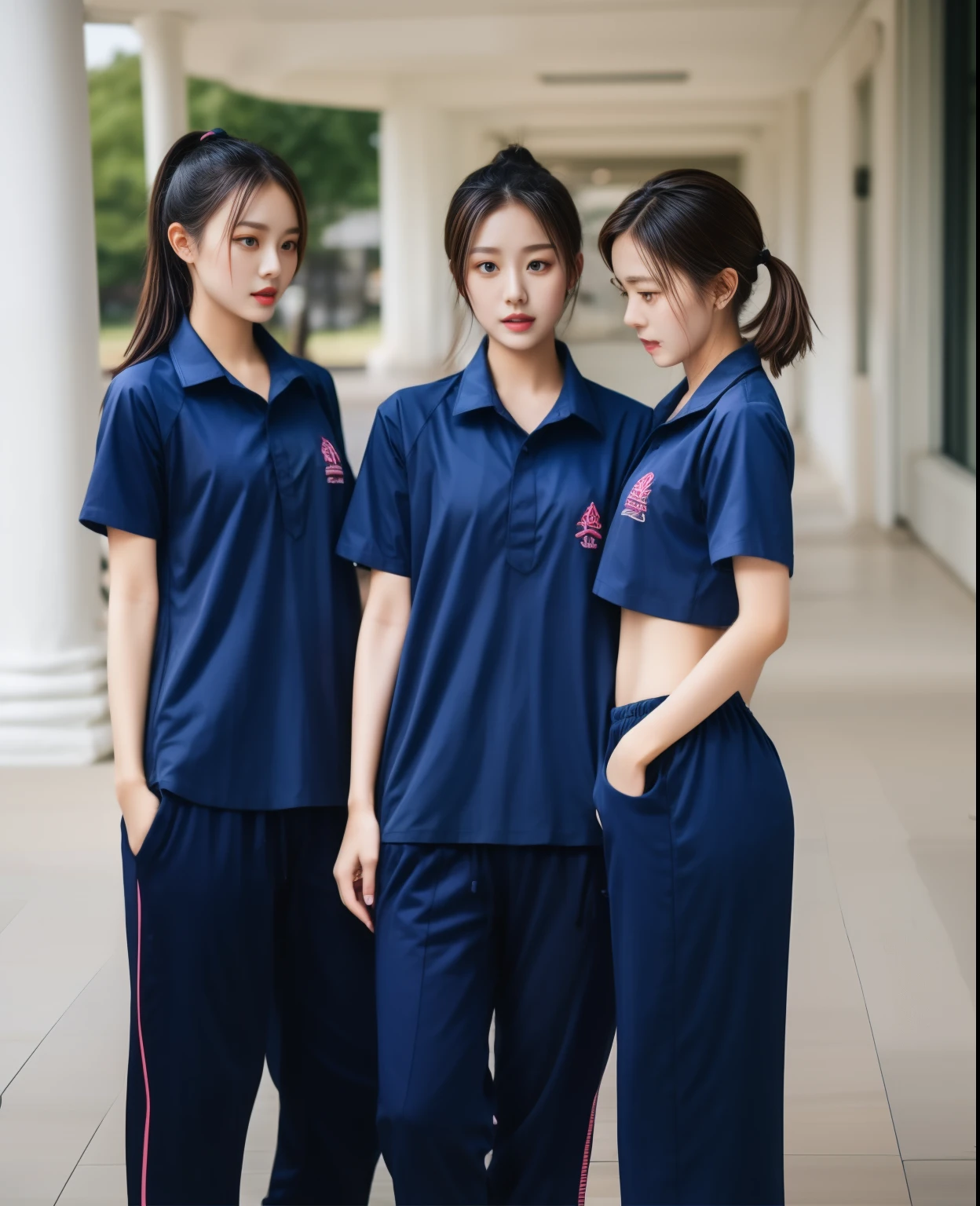 3 girls in fitness center, Navy blue short-sleeved shirt,Navy Long Trackpant,Sweatpants, Sweatpantsขายาว,25 year old girl, lesbian, sexy, exercise clothes, wet body, exercise clothes