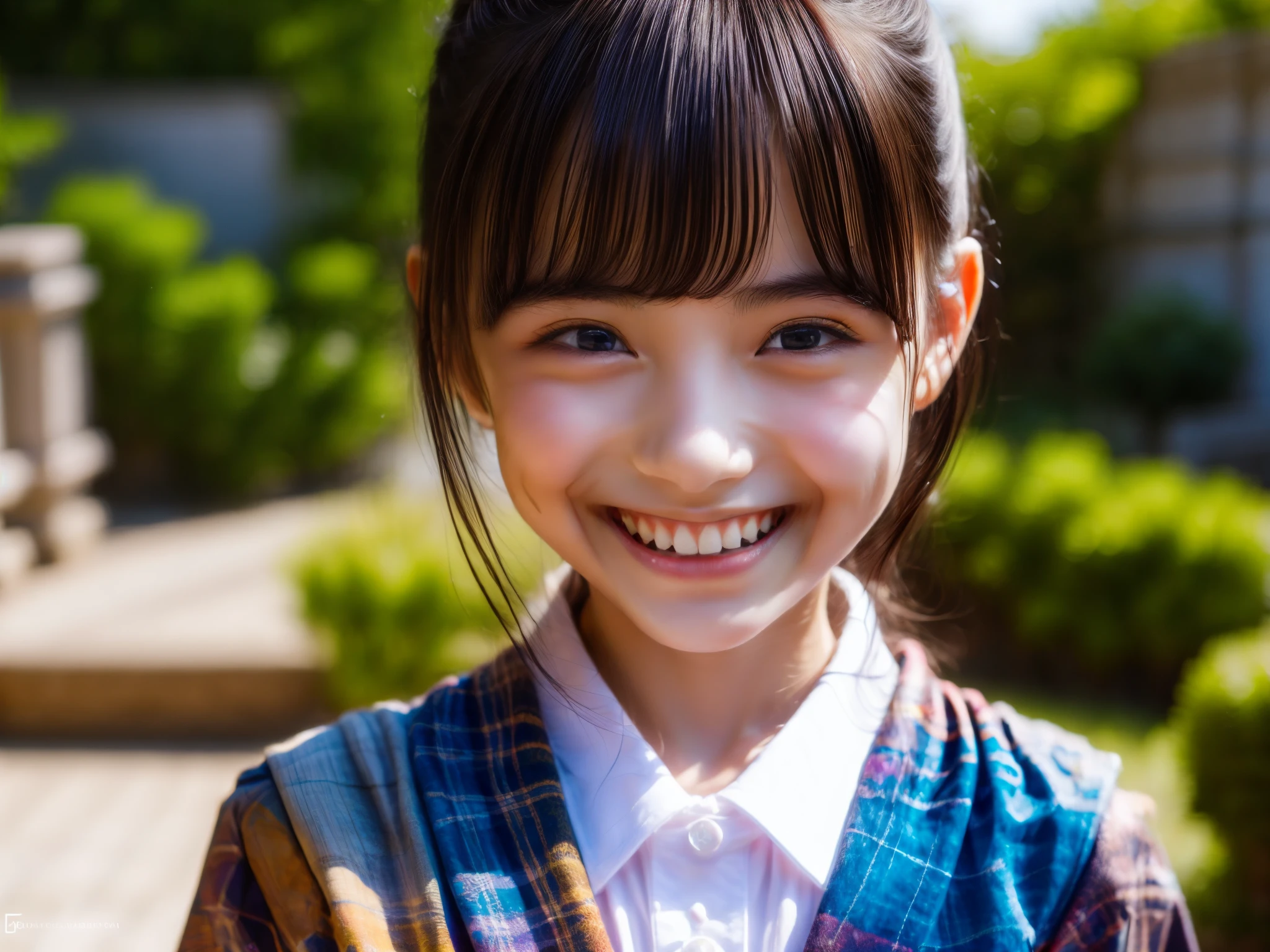 Beautiful 14 year old Japanese female), cute face, (deeply carved face:0.7), (freckles:0.6), soft light,healthy white skin, shy, (serious face), (sparkling eyes), thin, smile, uniform, Braid