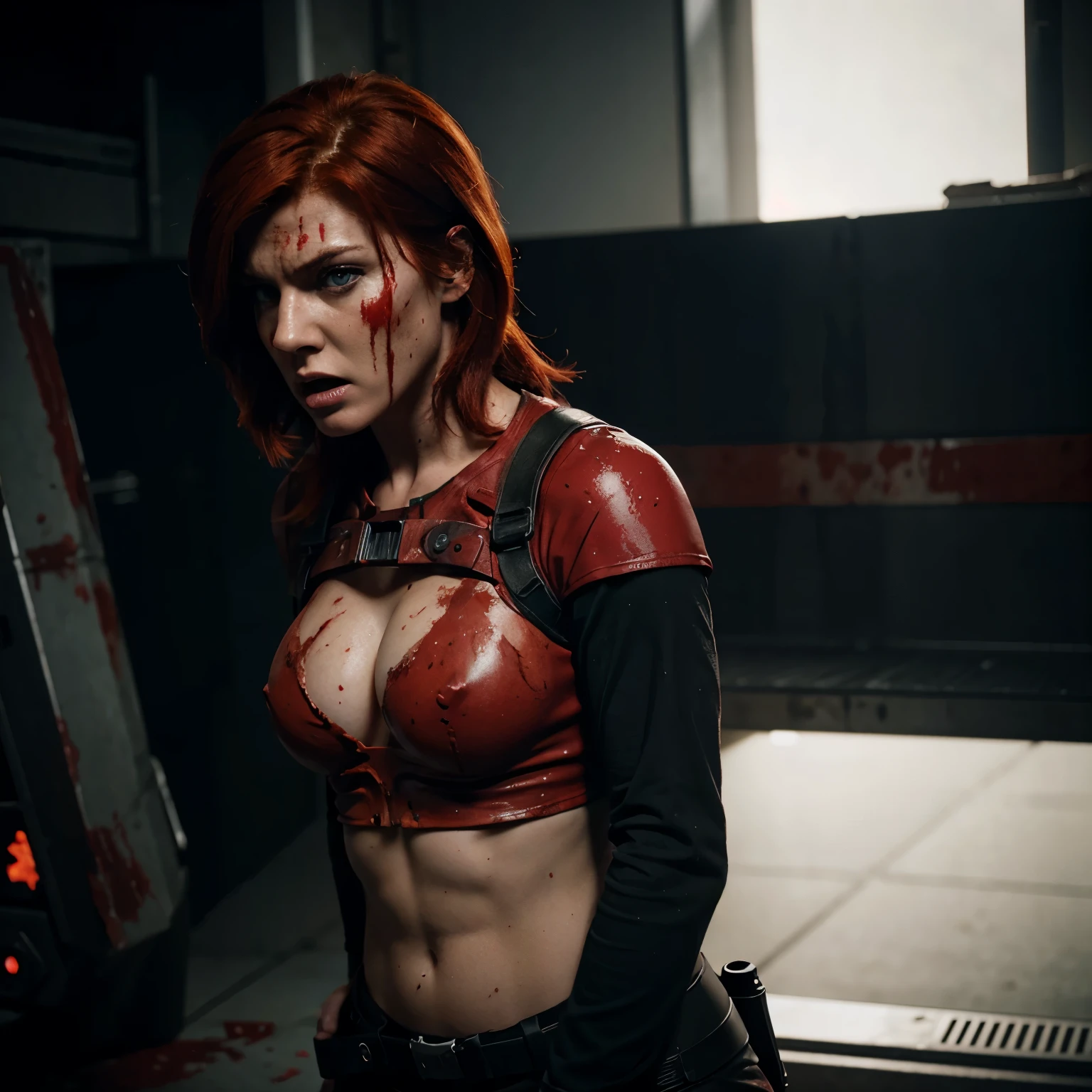 Red head femshep, bloody and bruised, rage, 