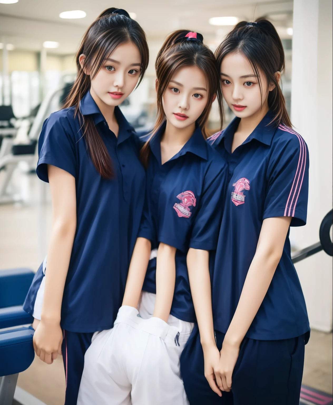 3 girls in fitness center, Navy blue short-sleeved shirt,Navy Long Trackpant,Sweatpants, Sweatpantsขายาว,25 year old girl, lesbian, sexy, exercise clothes, wet body, exercise clothes