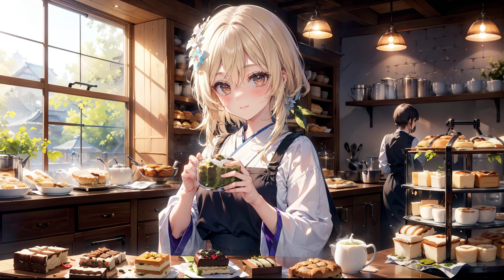 (best quality,8k,Masterpiece),young woman,sparkling eyes, happiness,wearing a bakery uniform,working in a traditional Japanese bakery,preparing traditional desserts,bakery equipment,kitchen utensils,flour on hands,basket of freshly baked pastries,japanese-style pastries,japanese wooden architecture,soft natural lighting,pastel color scheme,traditional kimono pattern on the uniform,luscious desserts,freshly brewed matcha tea,mouthwatering aromas,meticulous attention to detail.