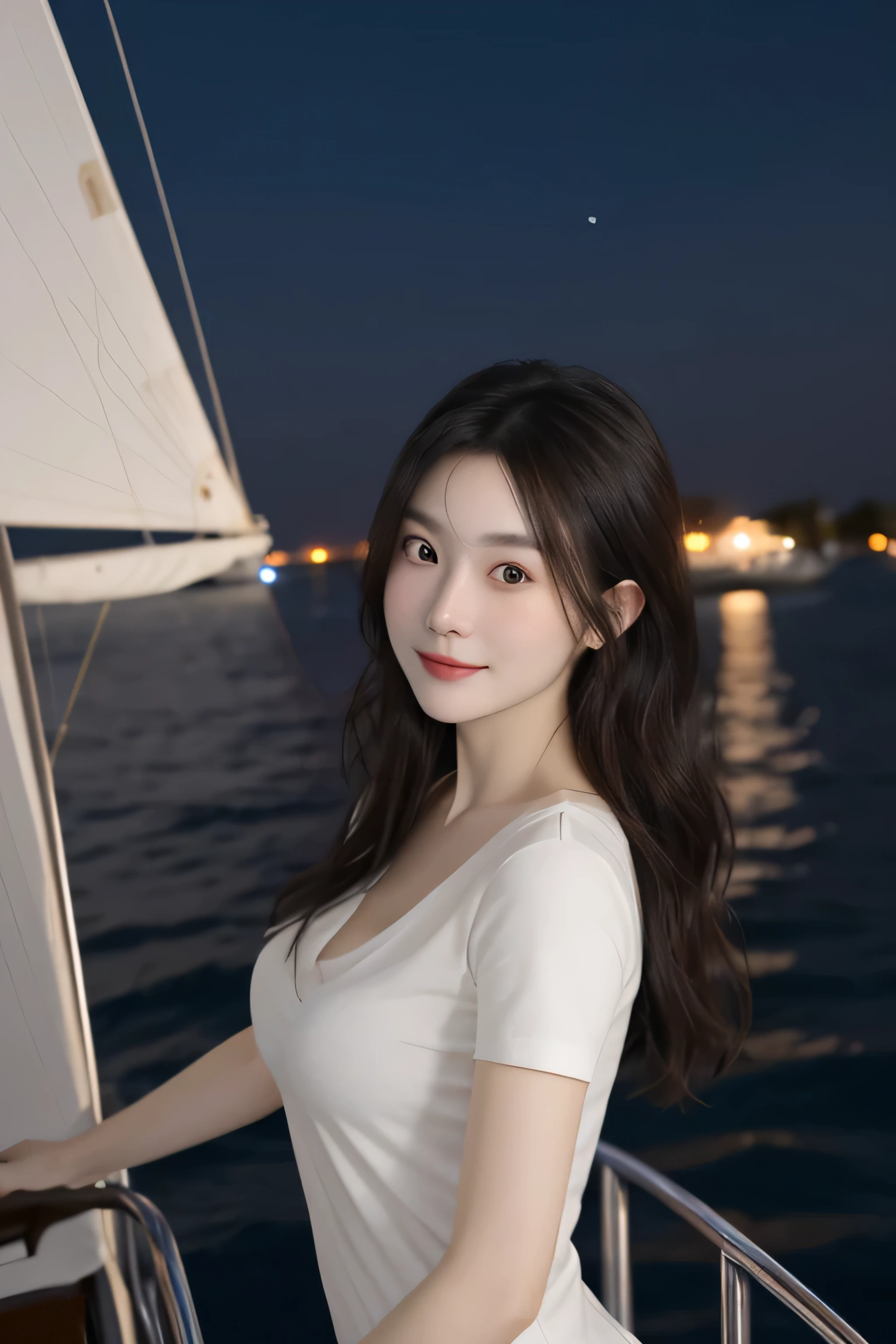 (8K original image,best quality,masterpiece:1.2),(middle view),night,游艇上的night,Seascape and night view as background,best quality,masterpiece,(small mouth:1.2),short sleeves,short sleeves,short sleeves,short sleeves,extremely delicate and beautiful,,Astonishing,detailed,masterpiece,best quality,(30 years old:1.2),Yao Liu,Slim,very shy,pure,charming,thick hair,soft hair,Beautiful big breasts,exquisite eyes,