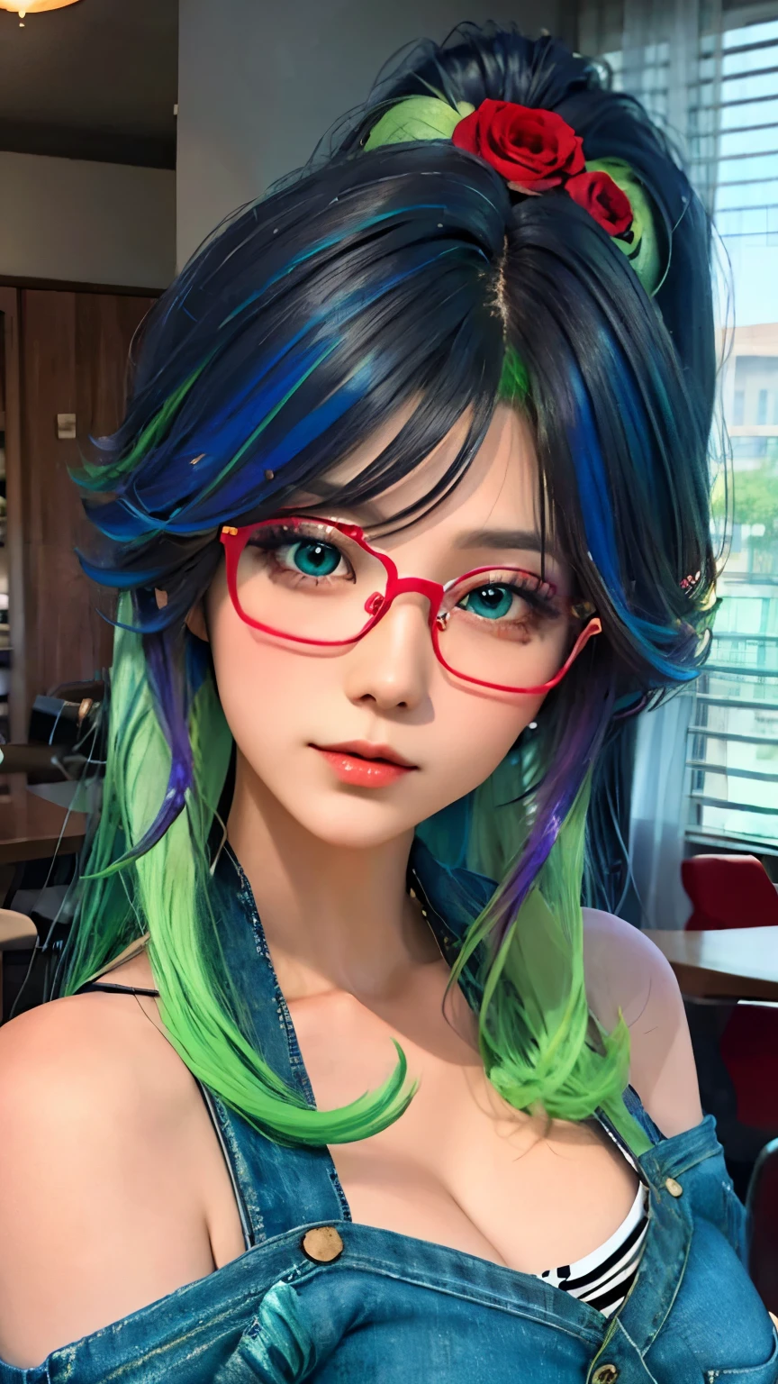 Brightly colored hair and makeup are a popular theme for this woman, anime style 4k, anime art wallpaper 4k, anime art wallpaper 4k, anime art wallpaper 8k, rossdraws cartoon vibrant, Anime style digital art, Rose draws pastel vibrant, Beautiful digital artwork, anime wallpaper 4k, anime wallpaper 4k, digital animation art, Beautiful art ultra hd 4k，facing the camera，Off the shoulders，light green eyes，red glasses，Red half-rim glasses，Long ponytail hairstyle，Black hair and green hair, Good-looking hair accessories,