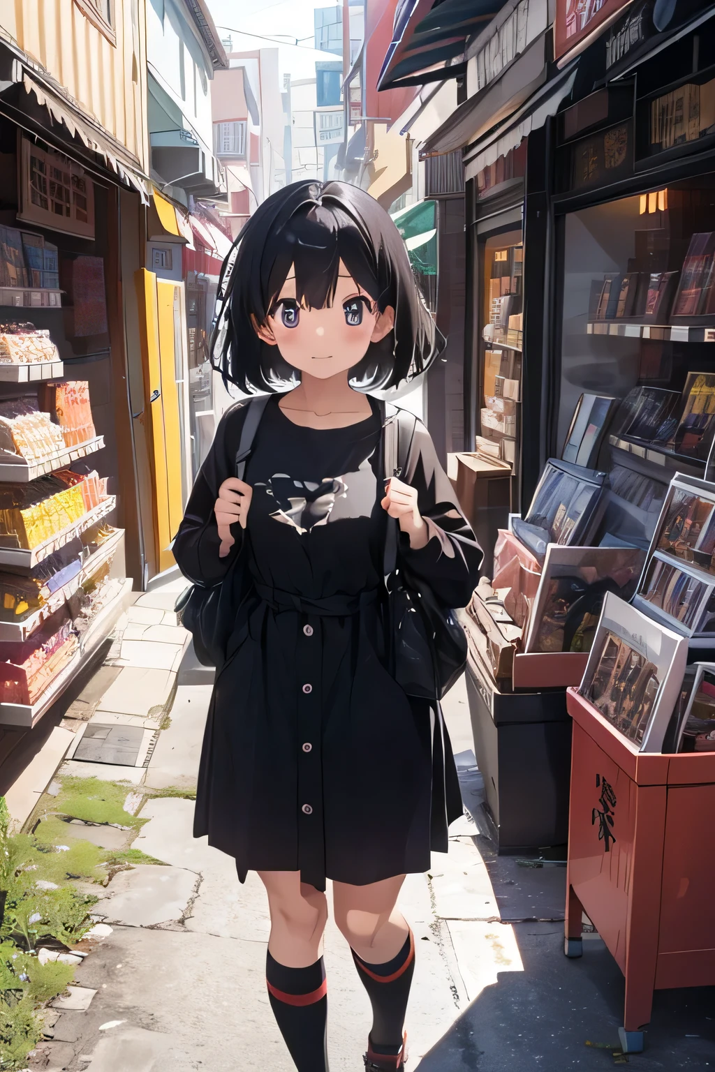 black hair short、girl、maze、Anime Shop、Excited、explore、look around