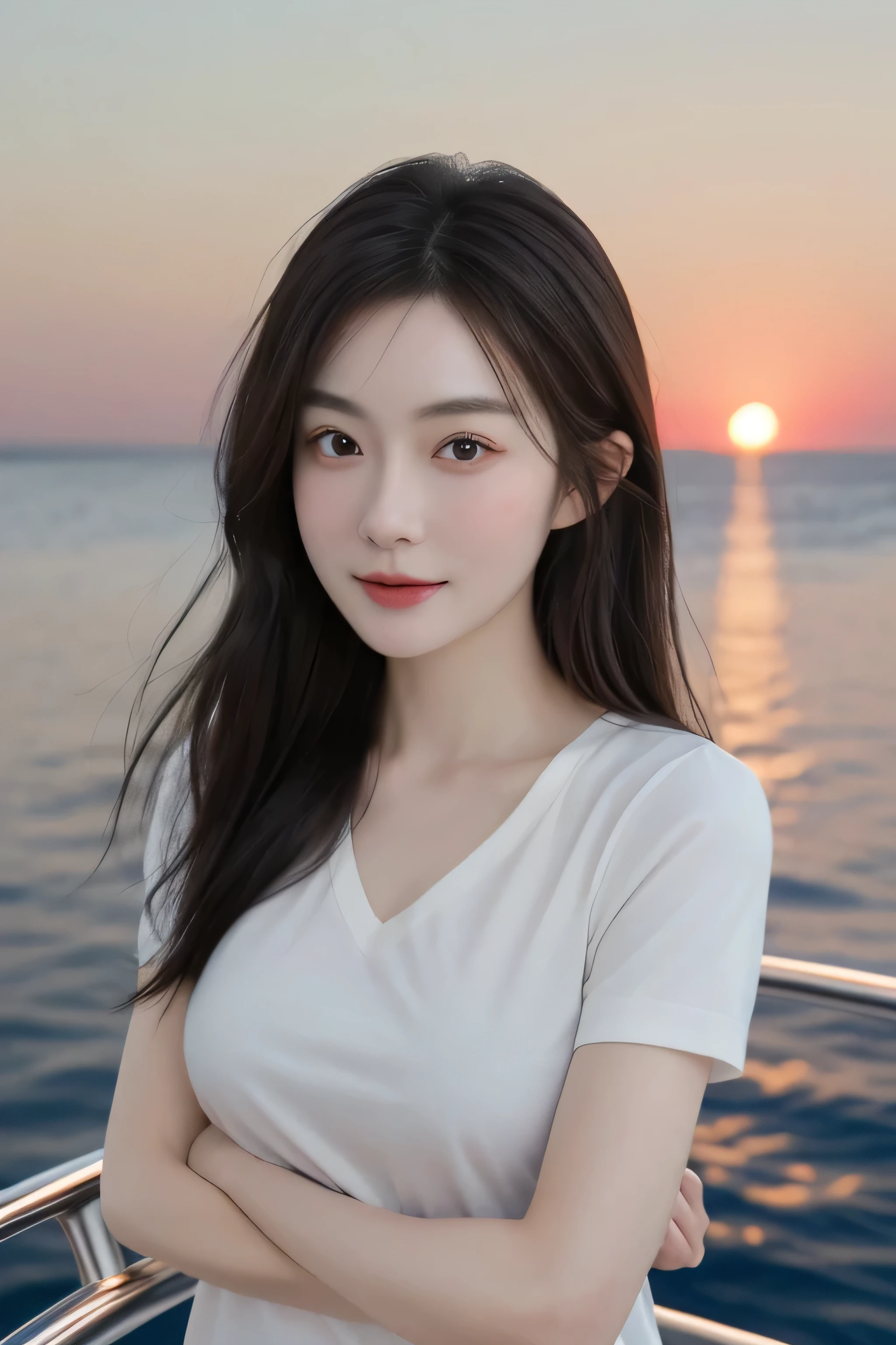 （8K original image，best quality，masterpiece：1.2），（middle view），night，游艇上的night，Seascape and night view as background，best quality，masterpiece，（small mouth：1.2），short sleeves，short sleeves，short sleeves，short sleeves，extremely delicate and beautiful，，Astonishing，detailed，masterpiece，best quality，（30 years old：1.2），Yao Liu，Slim，very shy，pure，charming，thick hair，soft hair，Beautiful big breasts，exquisite eyes，