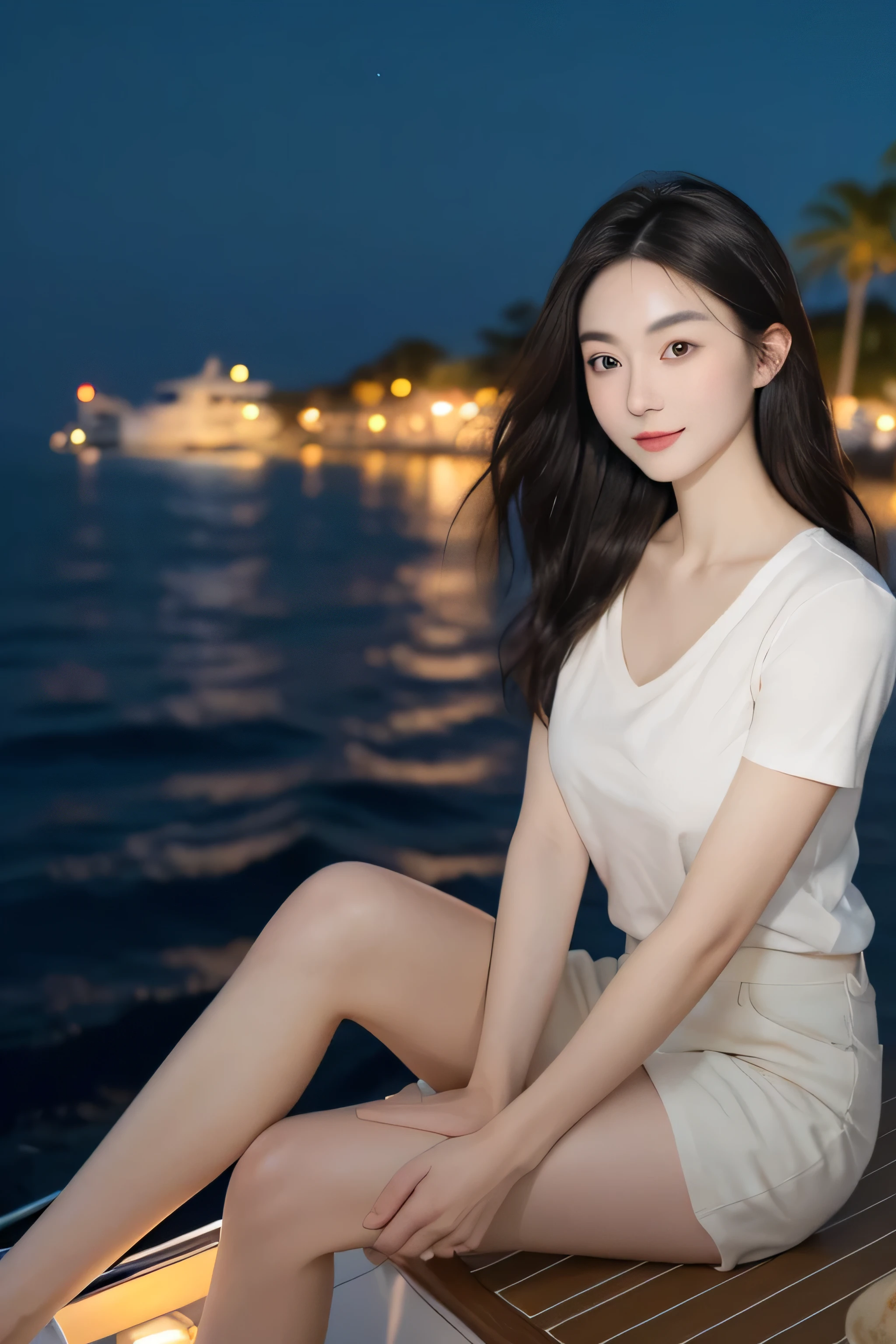 （8K original image，best quality，masterpiece：1.2），（middle view），night，游艇上的night，Seascape and night view as background，best quality，masterpiece，（small mouth：1.2），short sleeves，short sleeves，short sleeves，short sleeves，extremely delicate and beautiful，，Astonishing，detailed，masterpiece，best quality，（30 years old：1.2），Yao Liu，Slim，very shy，pure，charming，thick hair，soft hair，Beautiful big breasts，exquisite eyes，