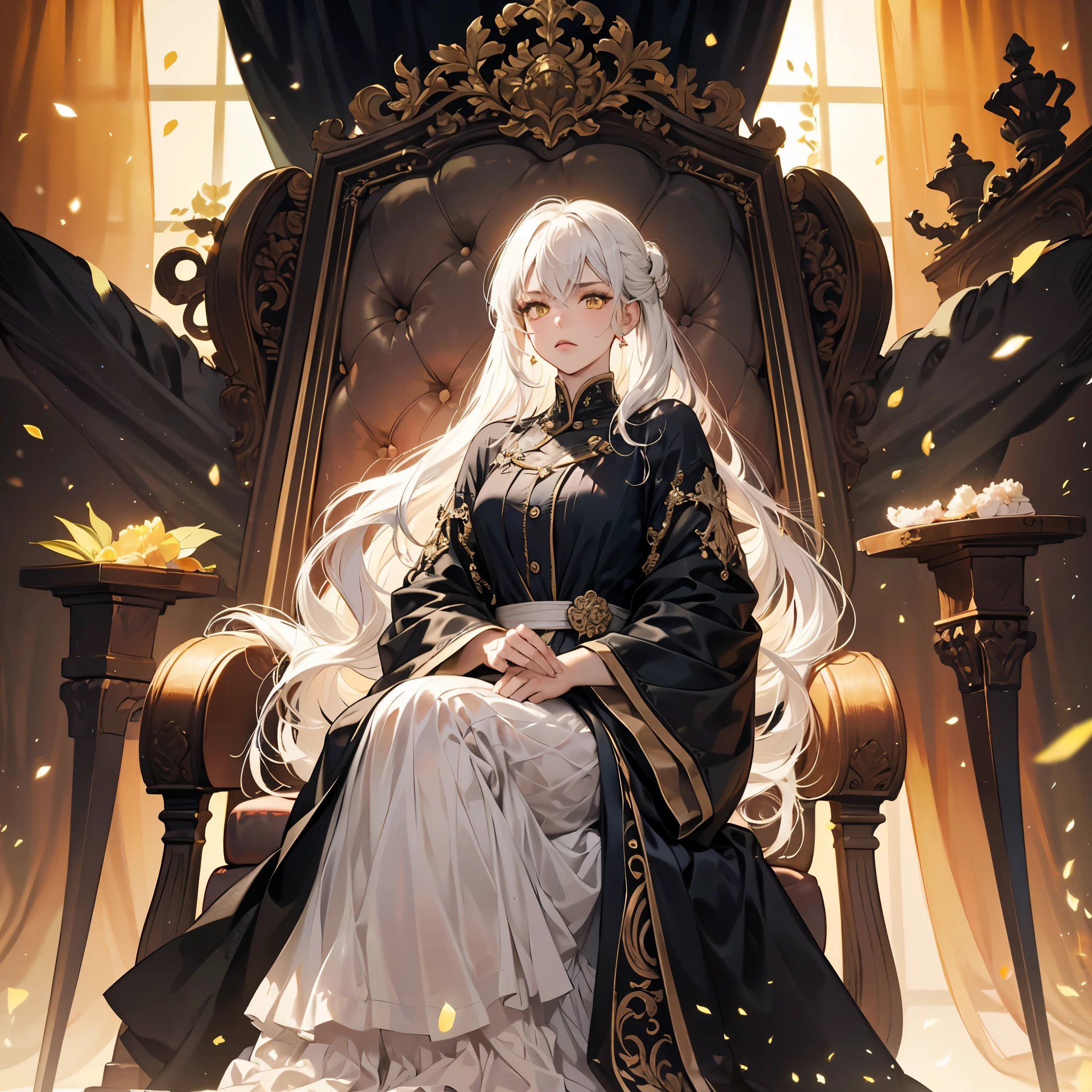 (Masterpiece:1.2), best quality, (illustration:1.2), (ultra-detailed), hyper details, (delicate detailed), (intricate details), (cinematic light, best quality Backlights), clear line, from front, soloist, perfect body, (1girl), white hair and yellow eyes, (emperor, black see-through clothes), sitting on the throne, head down, (Angry: 1.2 ), (makeup), high contrast, (best illumination, an extremely create and beautiful), (cinematic light), colorful, human
