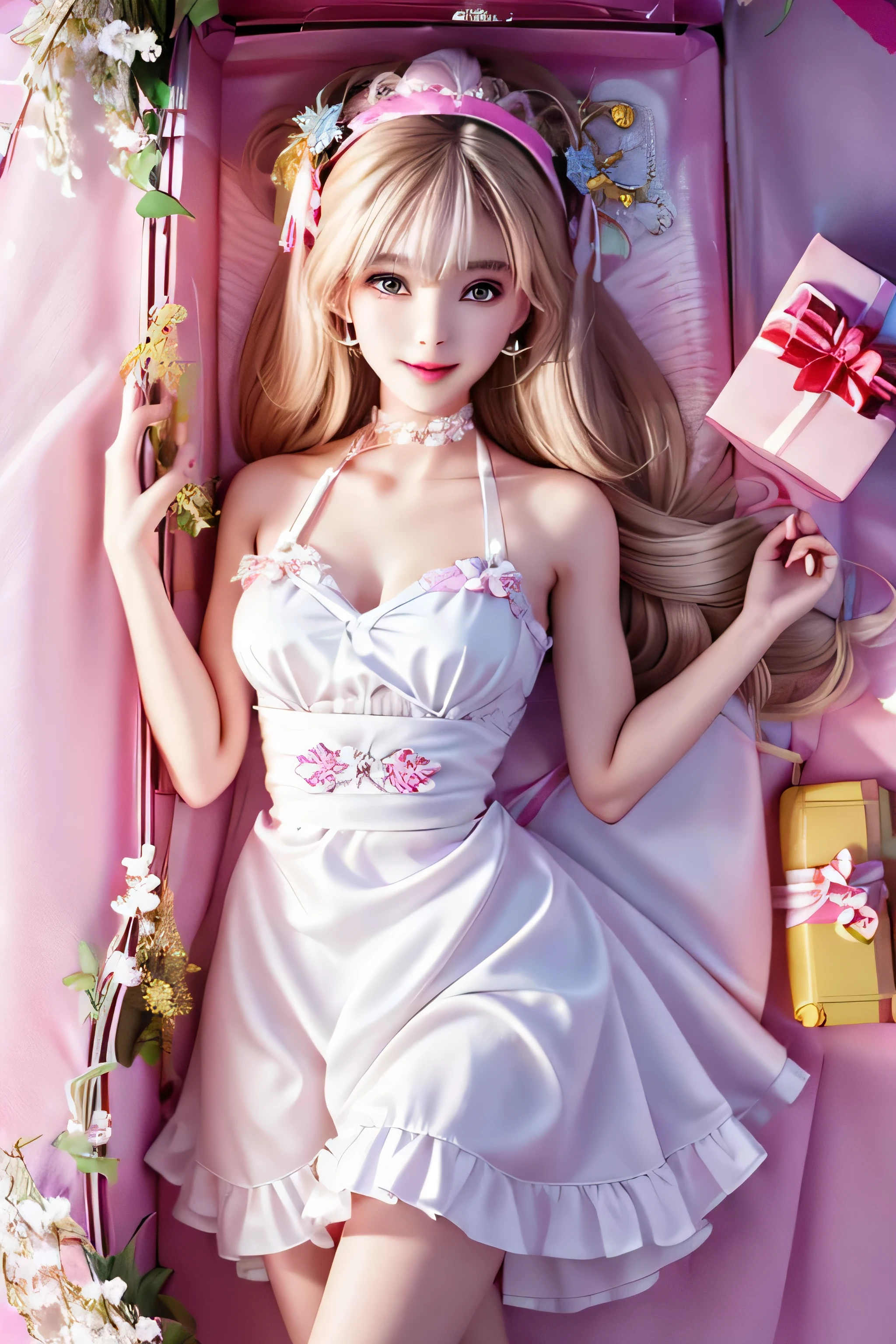 ((Woman lying inside a gift box))long white hair, translucent clothes, appear, that&#39;wonderful, ultra high resolution, RAW photo, realism: 1.25), (bright lip gloss, long eyelashes, Smooth face, white skin, natural shadow, wide light, wide light, written boundary depth, strong color, subtle caustics: 0.8), smile, (), v6inboxDollPlaySetQuiron style, (perfect face),  (look at the camera), (short light curly hair), (hair flower, hair ornaments), fine skin pores, oily skin, intricate eye details, natural breasts, gift box, play set,(( Woman in a box, whole body, toy play set pack, in a gift box)), premium play set toy box、(At SFW:1.2)