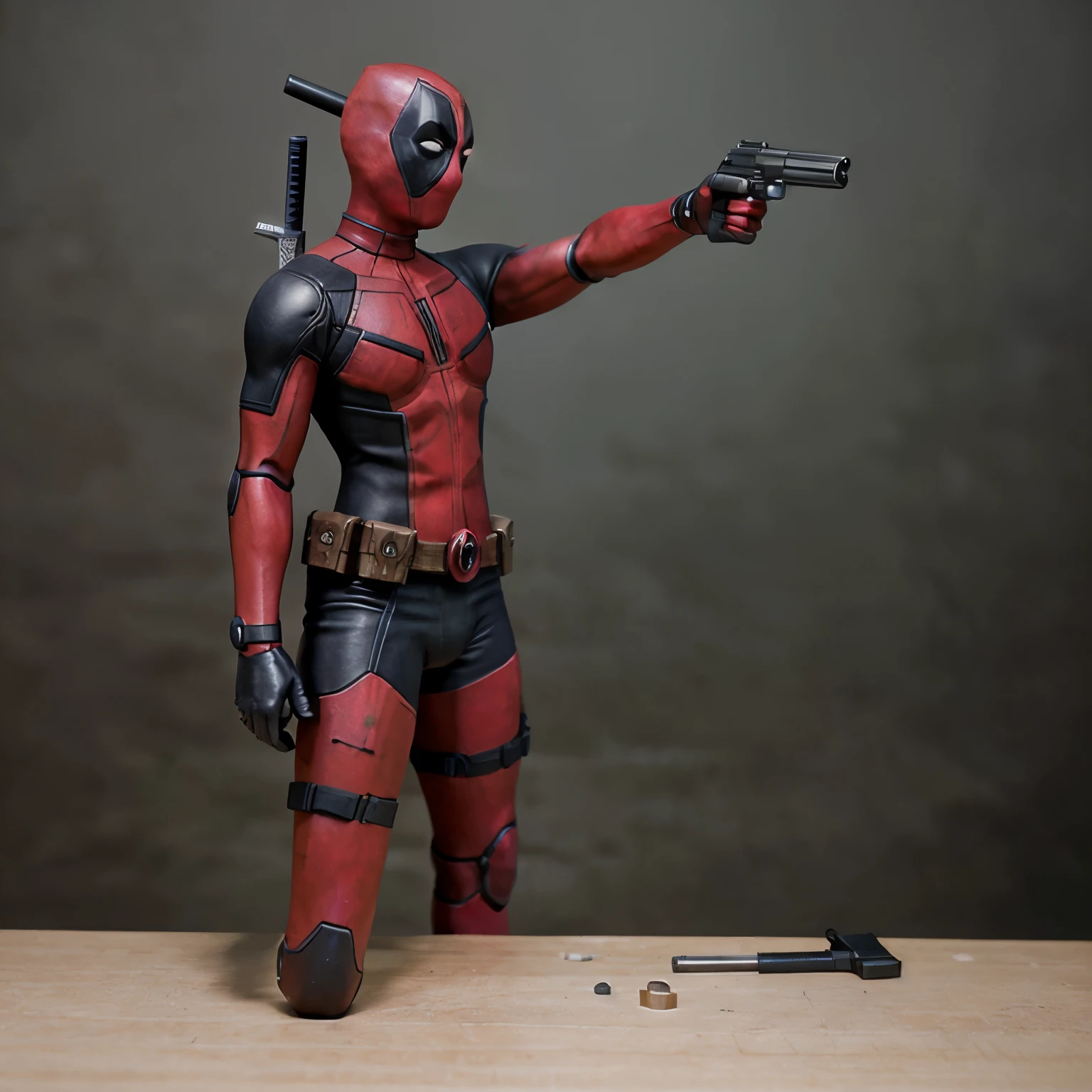 deadpool a figure in a Pose Description:
Right Arm: The right arm is extended straight ahead, forming a line from the shoulder to the fingertips. It holds an object that closely resembles a gun.
Left Arm: The left arm is slightly bent and held to the side, creating a balanced posture.
Body Orientation: The body is turned slightly to the right, emphasizing the forward-facing direction.
Head Position: The head aligns with the extended right arm, as if aiming or pointing at something.
Object in Hand: The figure’s right hand firmly grips the object, which appears to be a gun.