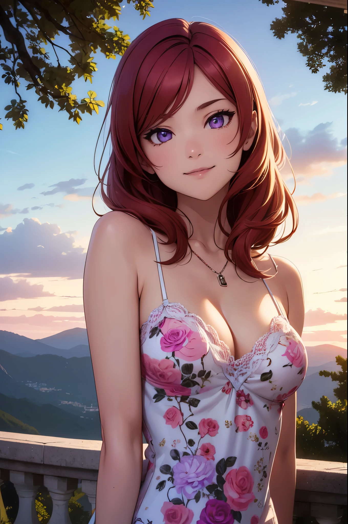 (Masterpiece, Best Quality, High Quality),Nishikino maki, Red hair, purple eyes, volumetric lighting, illustration, beautiful, pov, upper body, (camisole:1.1), floral print, cleavage, looking to the side, confident, seductive smile, closed mouth, (arms behind back, head tilt:1.1), heart pendant, perfect lighting, perfect shadows, flower, (breathtaking scenery:1.1), tree