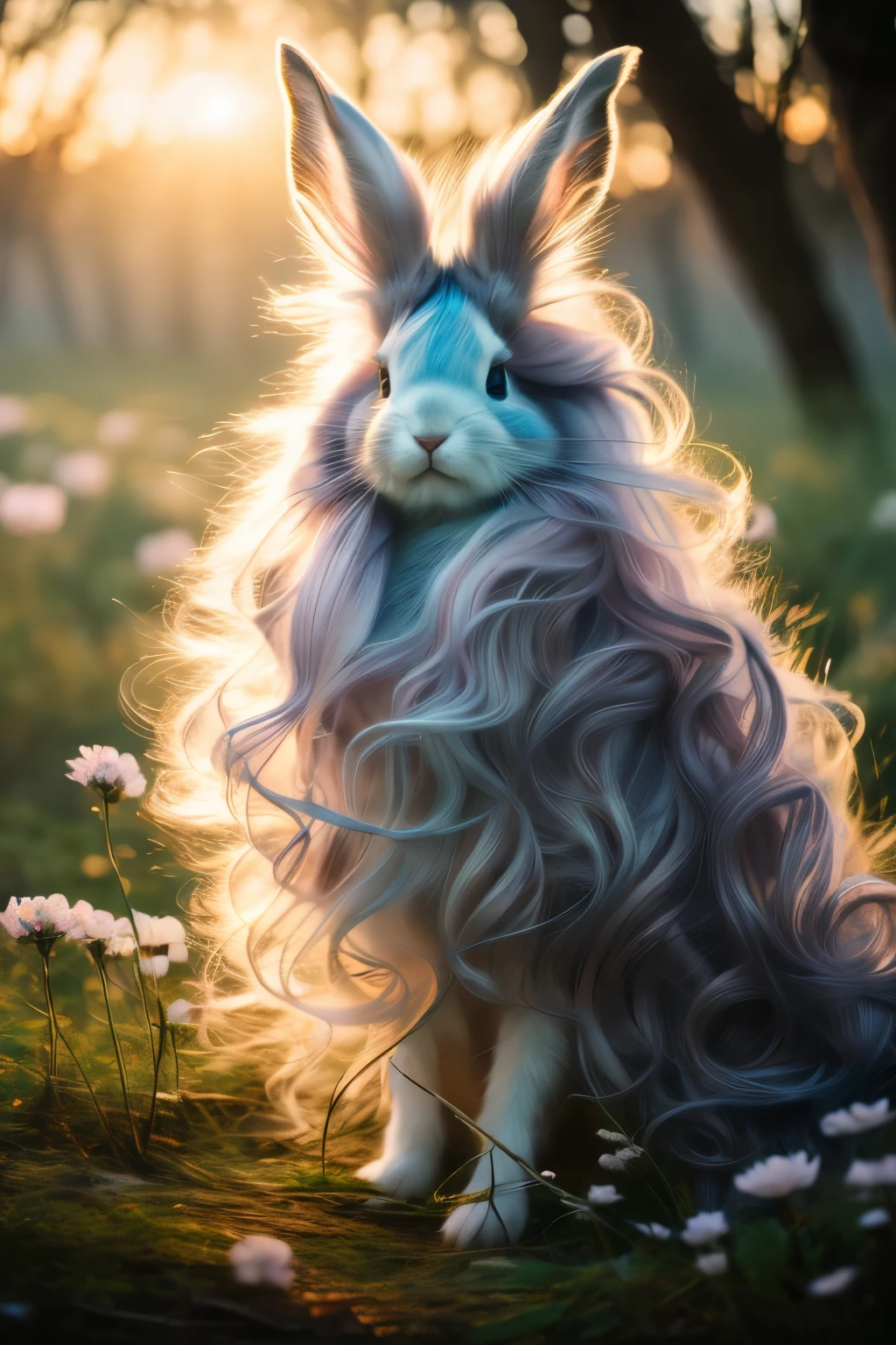 best quality, 32k, RAW photo, incredibly absurdres, extremely detailed, delicate texture, dignified and cute iridescent long-haired rabbit fairy, fantastic, mysterious, magical, fantasy, artwork