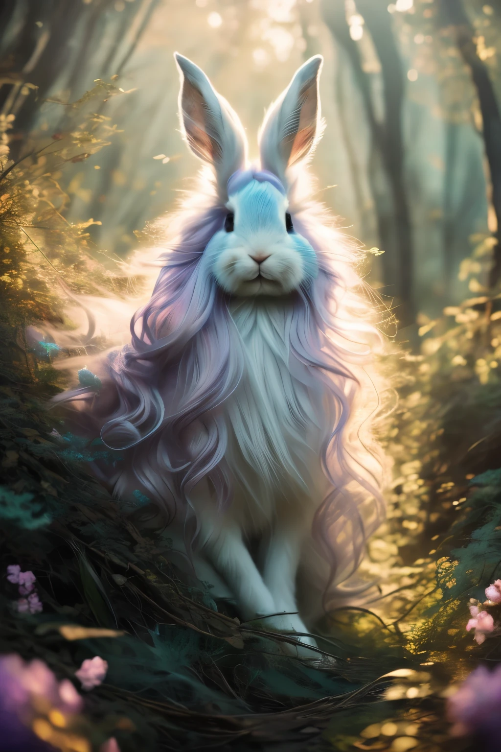 best quality, 32k, RAW photo, incredibly absurdres, extremely detailed, delicate texture, dignified and cute iridescent long-haired rabbit fairy, fantastic, mysterious, magical, fantasy, artwork, pastel color