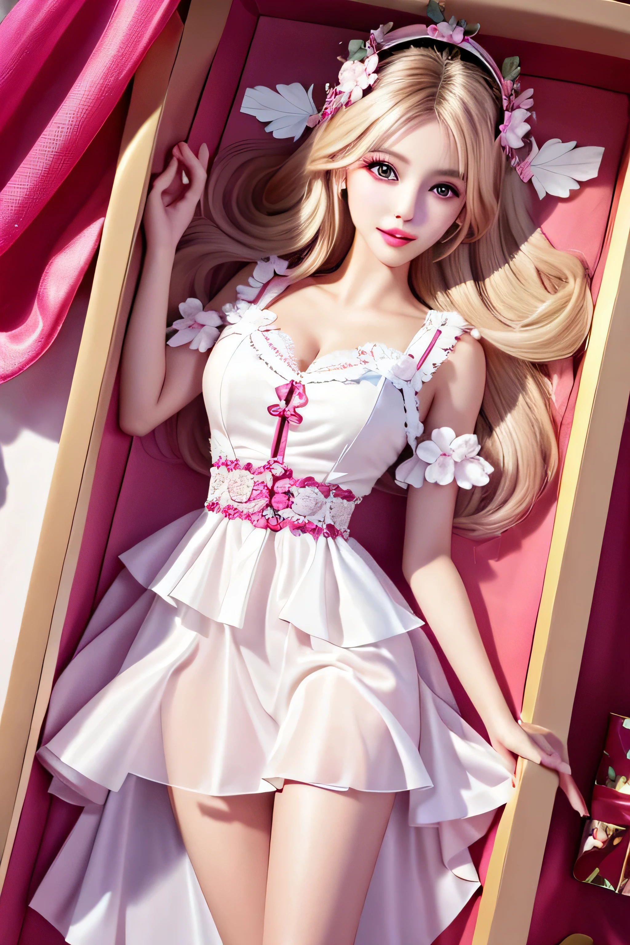 (Woman lying inside a gift box),long white hair, translucent clothes, appear, that&#39;wonderful, ultra high resolution, RAW photo, realism: 1.25), (bright lip gloss, long eyelashes, Smooth face, white skin, natural shadow, wide light, wide light, written boundary depth, strong color, subtle caustics: 0.8), smile, v6inboxDollPlaySetQuiron style, (perfect face),  (look at the camera), (short light curly hair), (hair flower, hair ornaments), fine skin pores, oily skin, intricate eye details, natural breasts, gift box, Now、chocolate, Woman in a box, whole body,  play set ((pack, in a gift box))、