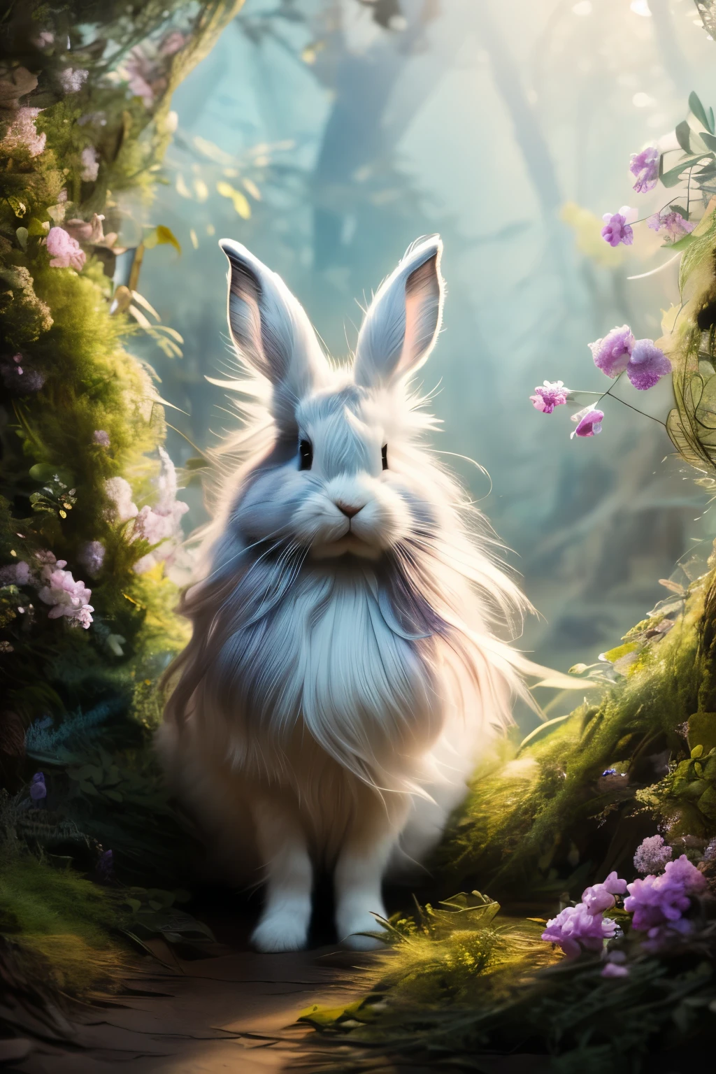 best quality, 32k, RAW photo, incredibly absurdres, extremely detailed, delicate texture, dignified and cute iridescent long-haired rabbit, fantastic, mysterious, magical, fantasy, artwork