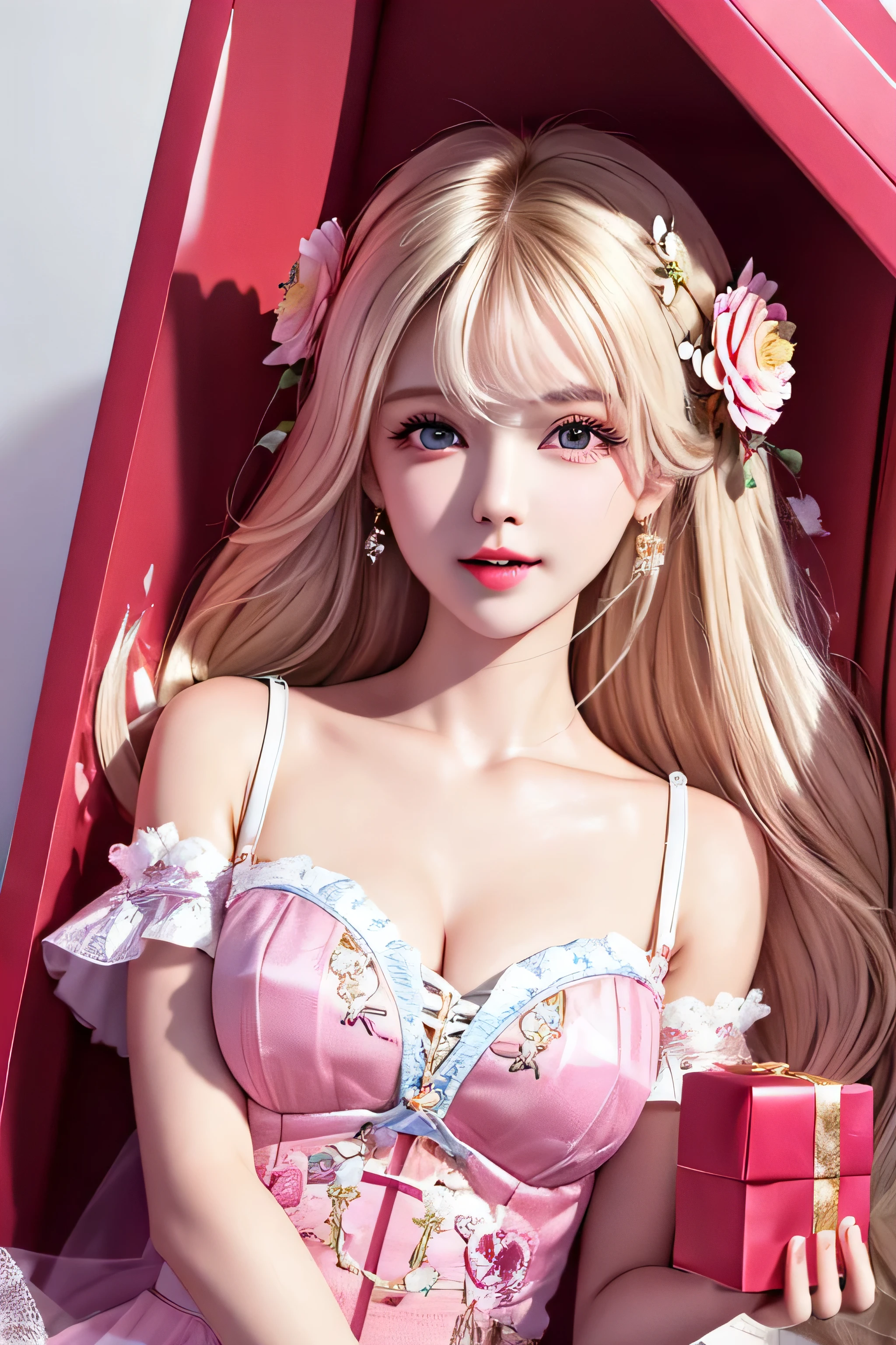 (Woman lying inside a gift box),long white hair, translucent clothes, appear, that&#39;wonderful, ultra high resolution, RAW photo, realism: 1.25), (bright lip gloss, long eyelashes, Smooth face, white skin, natural shadow, wide light, wide light, written boundary depth, strong color, subtle caustics: 0.8), smile, v6inboxDollPlaySetQuiron style, (perfect face),  (look at the camera), (short light curly hair), (hair flower, hair ornaments), fine skin pores, oily skin, intricate eye details, natural breasts, gift box, Now、chocolate, Woman in a box, whole body,  play set ((pack, in a gift box))、