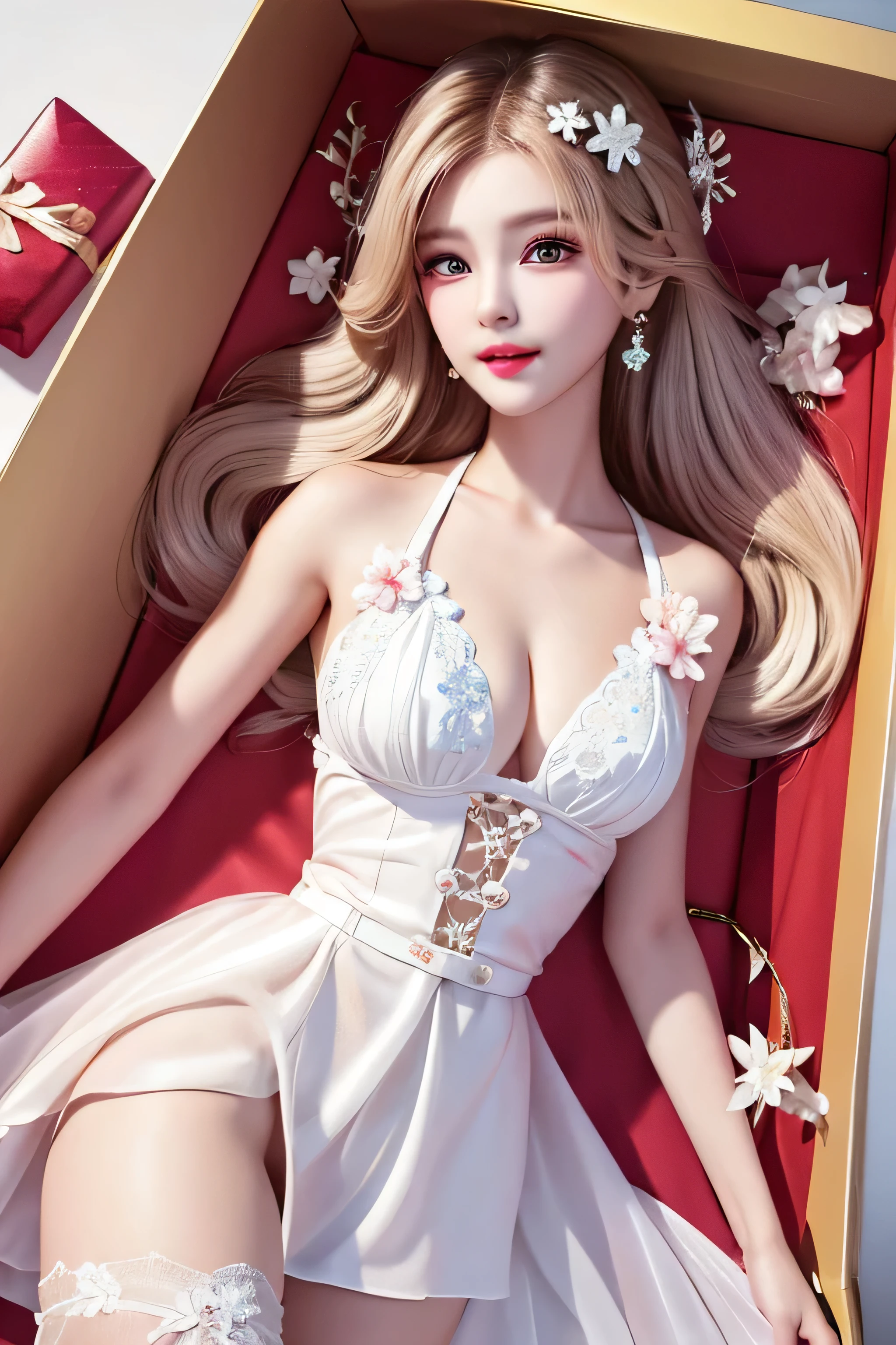 (Woman lying inside a gift box),long white hair, translucent clothes, appear, that'wonderful, ultra high resolution, RAW photo, realism: 1.25), (bright lip gloss, long eyelashes, Smooth face, white skin, natural shadow, wide light, wide light, written boundary depth, strong color, subtle caustics: 0.8), smile, v6inboxDollPlaySetQuiron style, (perfect face), (look at the camera), (short light curly hair), (hair flower, hair ornaments), fine skin pores, oily skin, intricate eye details, natural breasts, gift box, play set, Woman in a box, whole body, play set ((pack, in a gift box))、