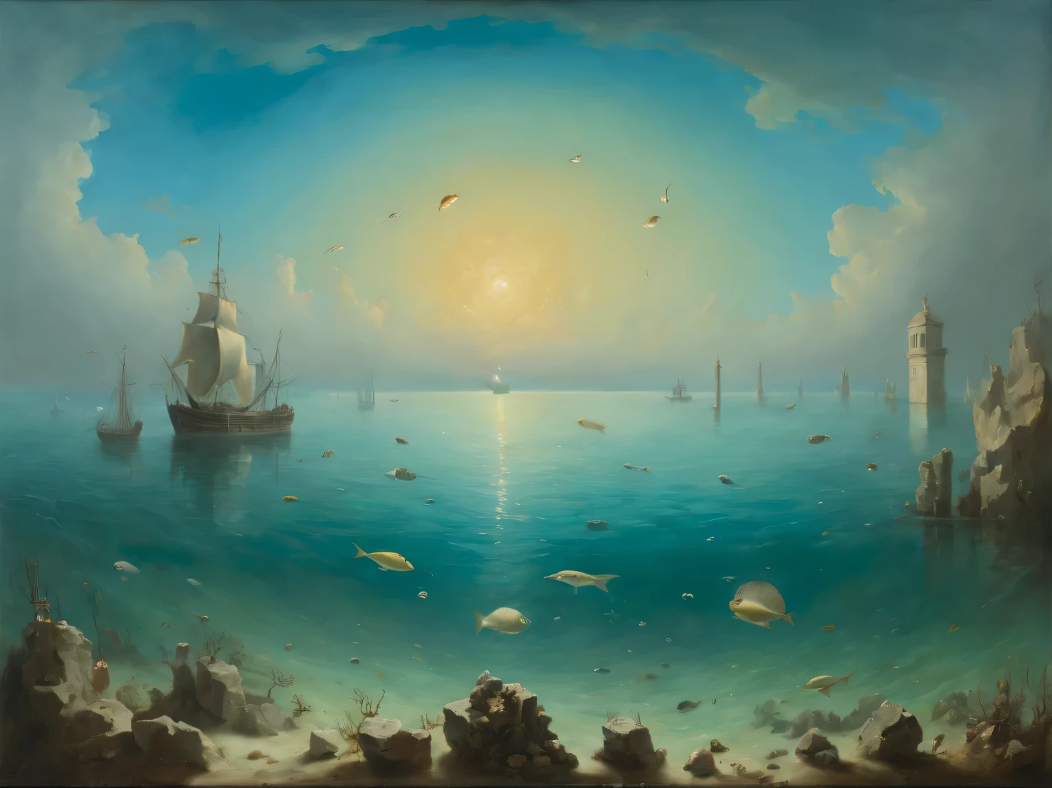 Magic Pictures, surrealism, Vanguard, Abstraction, Optical illusions, oil, canvas, At the bottom of the sea with clear azure water there are plaster busts of famous politicians, overgrown with shells, and fishes swim around, Ivan Aivazovsky, Yves Tanguy, Giorgio de Chirico
