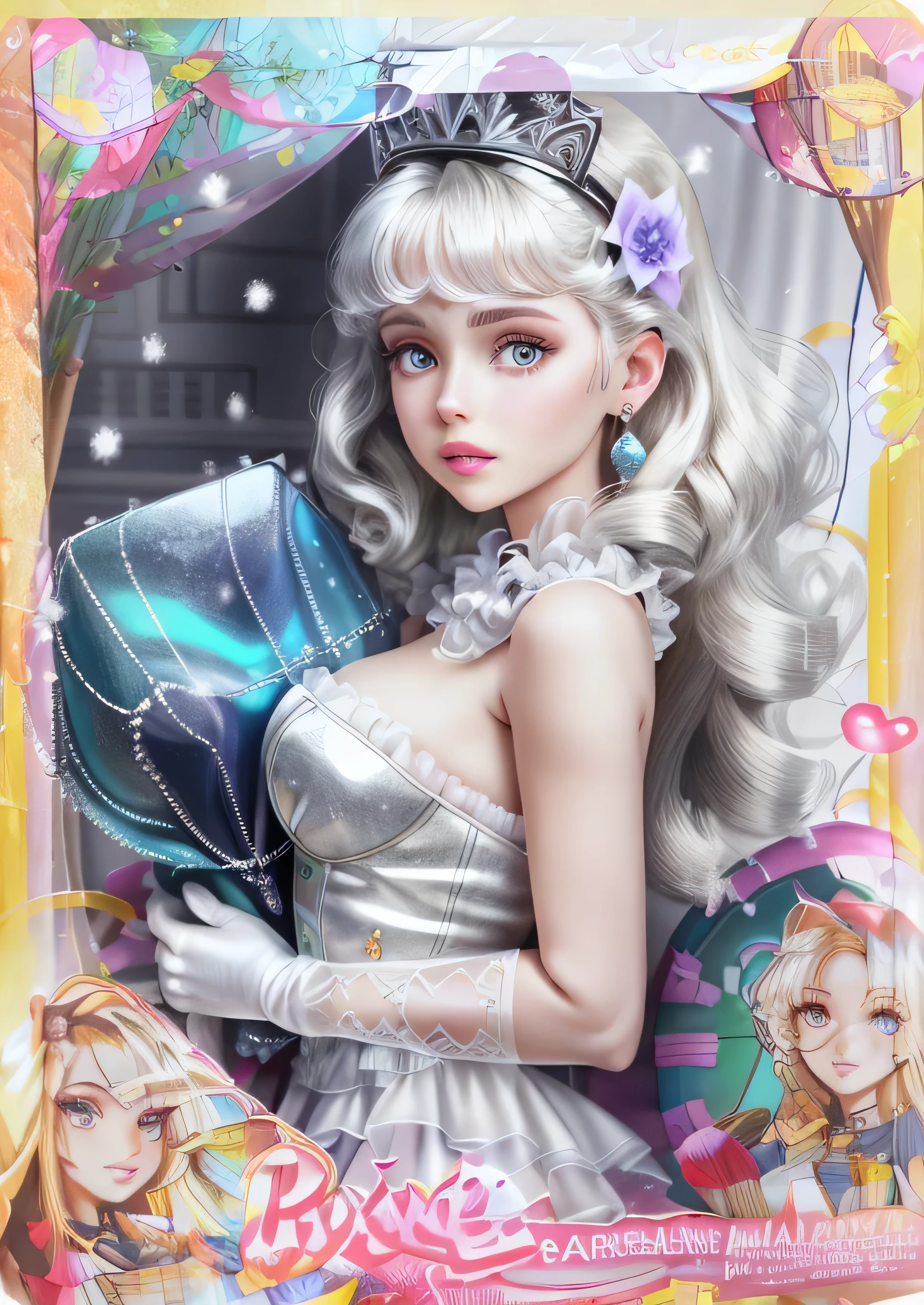 (masterpiece, highest quality, steampunk art, anime, game art: 1.1), (Detail view: 1.2), 1 girl, woman, Queen, white coat, White eyes, White eyelashes, snow Stains, cold, condensation, color, positive light, sunlight, illuminate your face, small stones, Sharp Crown, Super detailed, written boundary depth, magic circle, (White eyes: 1.1), gray hair, Real Queen, snow, snow Magic, white magic, sapphire, ice crown, ice crystal fragments, ice, light blue gemstone earrings, wide white area, red lips, can'can't believe it, Super detailed, very detailed, (high contrast : 1.11), Wind, wonderful, beautiful and fine eyes, messy hair, (best lighting, very delicate and beautiful), (movie light)), (From the side: 1.3), ((Adrian Hornich)))inboxDollPlaySetQuiron style, 、lace lingerie, (perfect face), (Details of a set wearing white sexy lingerie:1.25), (look at the camera), (short light curly hair), (hair flower, hair ornaments), fine skin pores, oily skin, intricate eye details, natural breasts, ((gift box)), play set, 箱の中のwoman, whole body, toy play set pack, in a gift box, premium play set toy box、(At SFW:1.2)