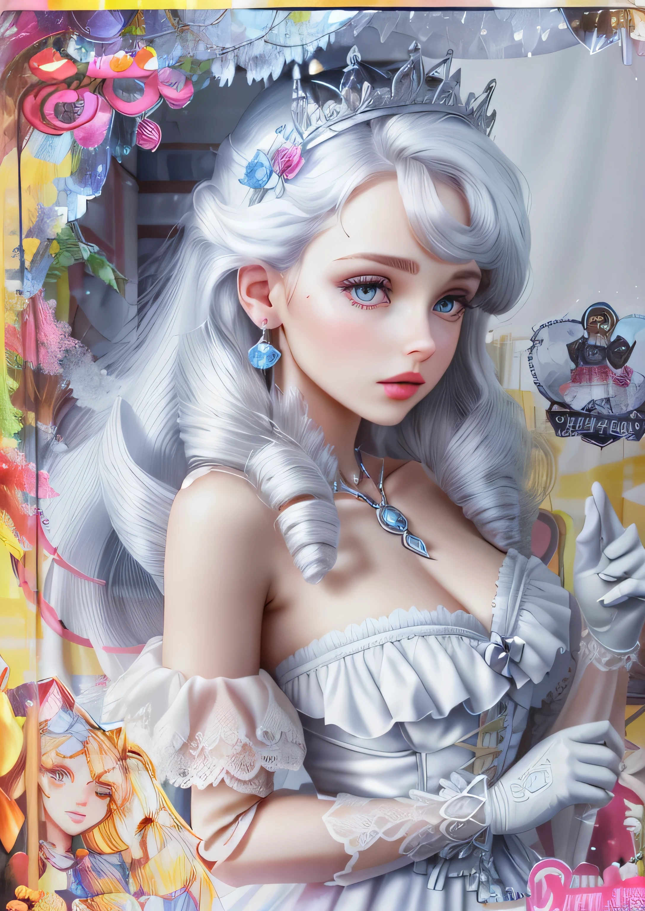 (masterpiece, highest quality, steampunk art, anime, game art: 1.1), (Detail view: 1.2), 1 girl, woman, Queen, white coat, White eyes, White eyelashes, snow Stains, cold, condensation, color, positive light, sunlight, illuminate your face, small stones, Sharp Crown, Super detailed, written boundary depth, magic circle, (White eyes: 1.1), gray hair, Real Queen, snow, snow Magic, white magic, sapphire, ice crown, ice crystal fragments, ice, light blue gemstone earrings, wide white area, red lips, can&#39;can&#39;t believe it, Super detailed, very detailed, (high contrast : 1.11), Wind, wonderful, beautiful and fine eyes, messy hair, (best lighting, very delicate and beautiful), (movie light)), (From the side: 1.3), ((Adrian Hornich)))inboxDollPlaySetQuiron style, 、lace lingerie, (perfect face), (Details of a set wearing white sexy lingerie:1.25), (look at the camera), (short light curly hair), (hair flower, hair ornaments), fine skin pores, oily skin, intricate eye details, natural breasts, ((gift box)), play set, 箱の中のwoman, whole body, toy play set pack, in a gift box, premium play set toy box、(At SFW:1.2)