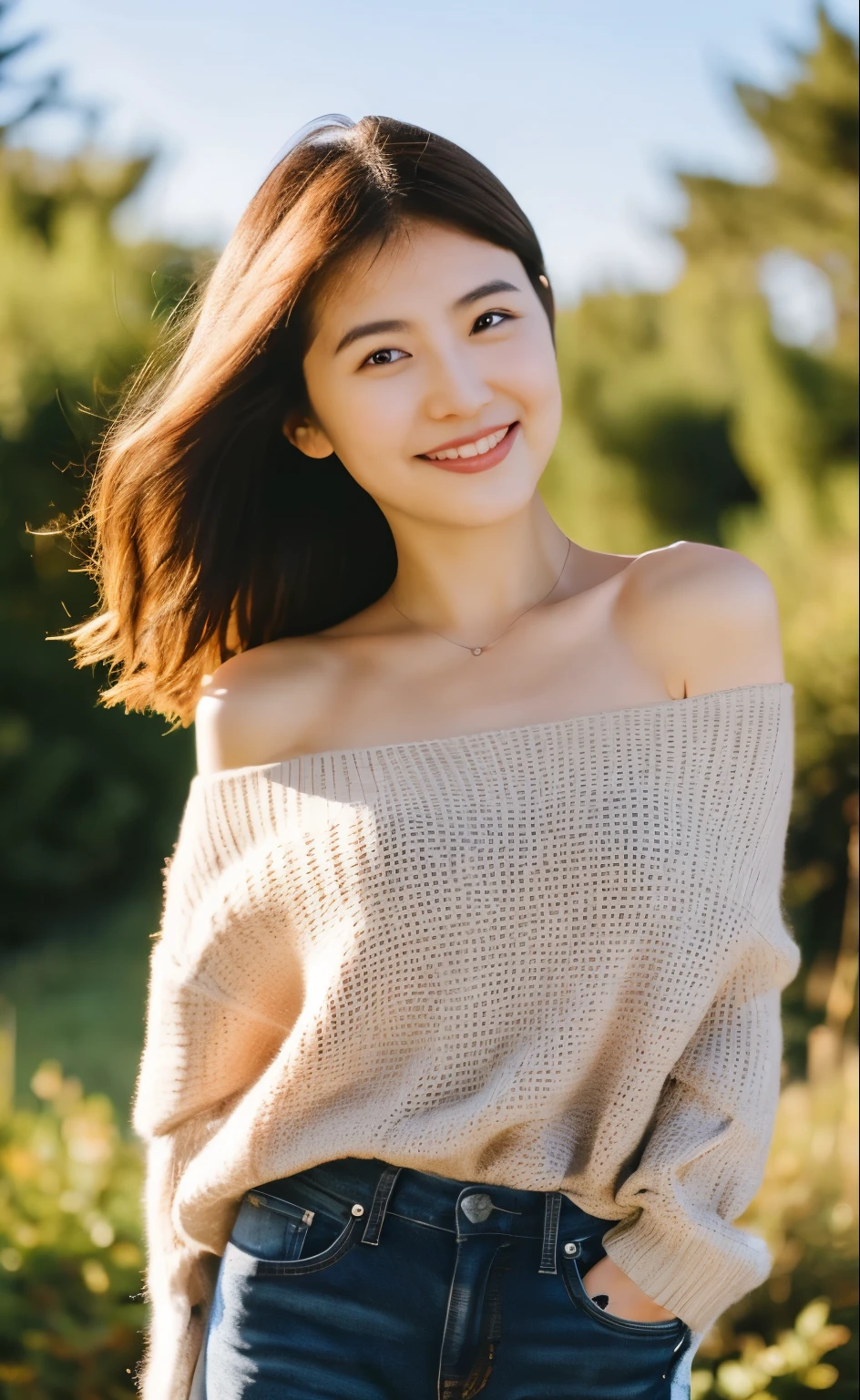 1girl, (looking at viewer), (bokeh:1.1), closed mouth,light smile, realistic, arm up, off shoulder,
pants, skyline,
best quality, (photorealistic:1.4), ultra highres, llfMasami Nagasawa