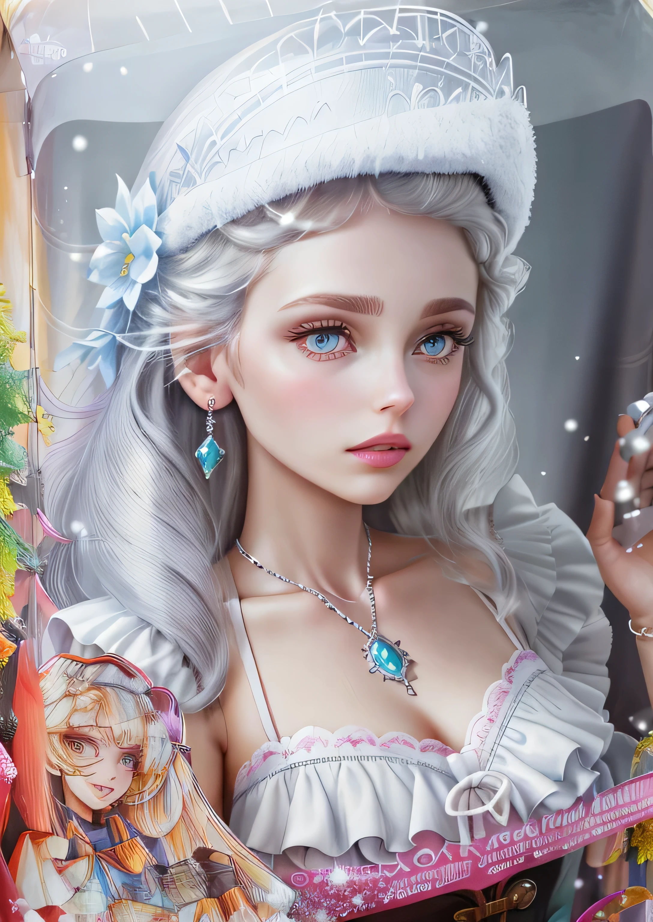 (masterpiece, highest quality, steampunk art, anime, game art: 1.1), (Detail view: 1.2), 1 girl, woman, Queen, white coat, White eyes, White eyelashes, snow Stains, cold, condensation, color, positive light, sunlight, illuminate your face, small stones, Sharp Crown, Super detailed, written boundary depth, magic circle, (White eyes: 1.1), gray hair, Real Queen, snow, snow Magic, white magic, sapphire, ice crown, ice crystal fragments, ice, light blue gemstone earrings, wide white area, red lips, can&#39;can&#39;t believe it, Super detailed, very detailed, (high contrast : 1.11), Wind, wonderful, beautiful and fine eyes, messy hair, (best lighting, very delicate and beautiful), (movie light)), (From the side: 1.3), ((Adrian Hornich)))inboxDollPlaySetQuiron style, 、lace lingerie, (perfect face), (Details of a set wearing white sexy lingerie:1.25), (look at the camera), (short light curly hair), (hair flower, hair ornaments), fine skin pores, oily skin, intricate eye details, natural breasts, ((gift box)), play set, 箱の中のwoman, whole body, toy play set pack, in a gift box, premium play set toy box、(At SFW:1.2)