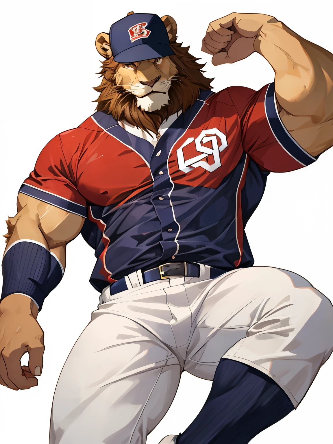 Lion, good looking, male, anthro, ultradetailed, muscular, solo, bareness, rippling muscles, muscles, simple background, white background, tail, serious, lying, open legs, baseball uniform, white fur, baseball cap,