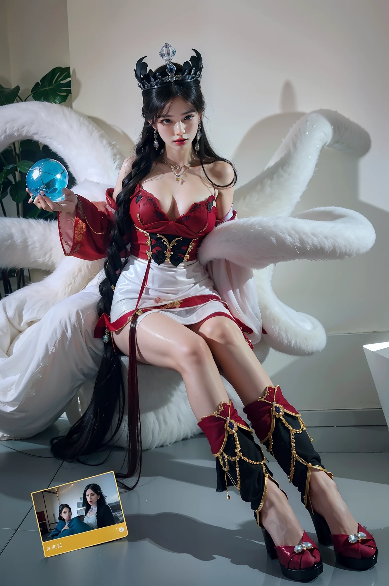 Royal sister,exquisite eyes,Frozen queen,put the crown on your head,Detailed facial expressions,mature body,tall figure,Gorgeous,Leg length,4K,HD,Sensual,Translucent lace,白皙plump figure,pretty face,Little cherry mouth,beautiful and delicious(3D royal sister),plump figure,gloss gel coat,Queen in luxurious dress,Crystal Gem Crown,nine-tailed fox