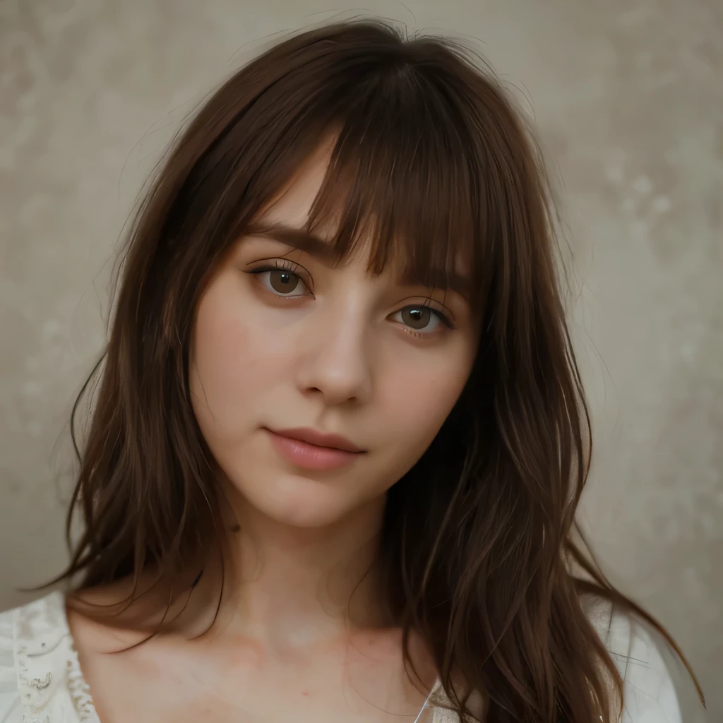 (melhor qualidade, ultra-detalhado, fotorrealista:1.37), Retratos, oil painting, Alice Stuart, 22 year old woman with medium hair, franja curta, and a heart-shaped face. Ela tem grande, beautiful eyes that attract you. Close-up portrait shows off her stunning features, enfatizando seus olhos expressivos e olhar cativante. The painting captures its essence, com cada detalhe intrincado meticulosamente renderizado. The background is subtle, permitindo que Alice ocupasse o centro do palco. The colors are vivid, Enhance the realism of the image. The lighting is soft and gentle, highlighting the delicate features of your face. The overall composition exudes a sense of elegance and grace, tornando-o uma verdadeira obra-prima.