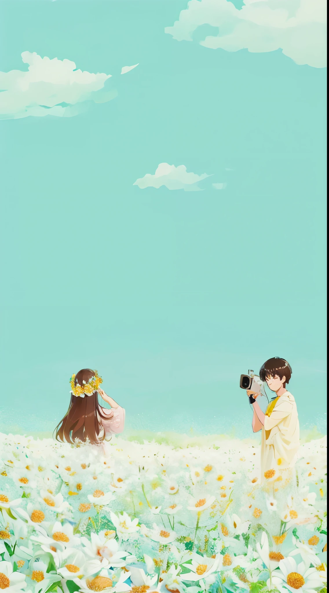 a boy with a camera clicking photo of the girl while the girlfriend is giving a pose wearing a flower tiara, standing facing each other at a distance, of people standing in a field of flowers, clear sky and background, clear sky background, wallpaper”, webtoon, beautiful wallpaper, white backround, field background, beautiful iphone wallpaper, heaven background, background white, clear summer sky background, man and woman in love, beautiful background, trending wallpaper, background, wlop : : 5, blue sky background