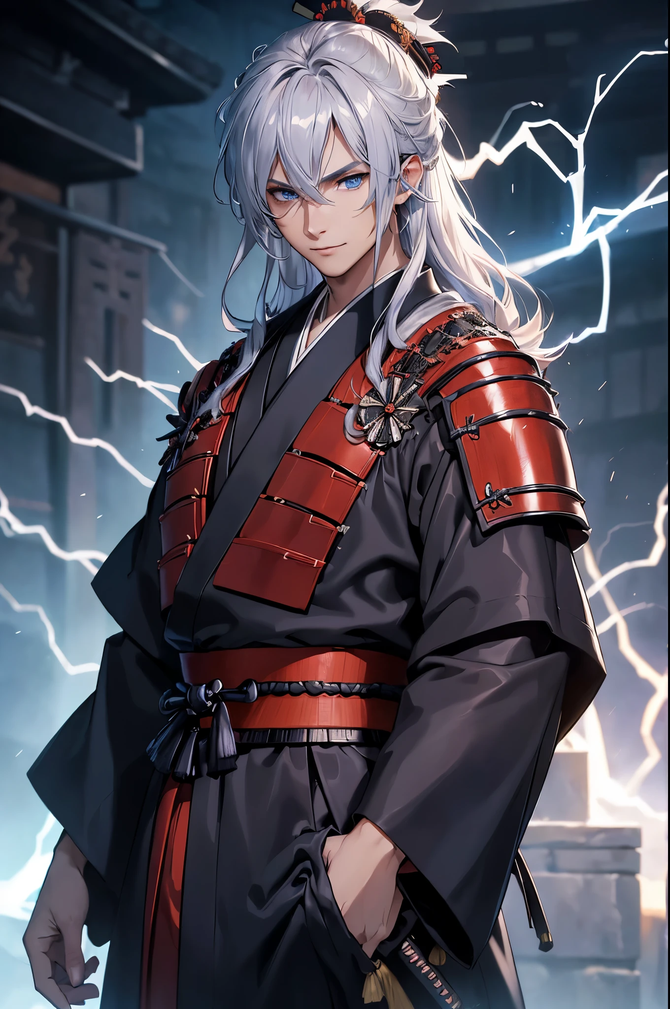 (masterpiece, Best Quality, absurdres, 8K resolution, HD wallpaper), cinematic lighting, raytracing, depth of field, Hyper Detailed, ((Solo Boy)), Handsome, Seductive smile, libido boy, long silver hair, ((crystal blue eyes, highly detailed CG, beautiful detailed eyes, super detailed)),  (fractal art: 1.2, lightning sparks, plenty of lightning, electrifying), (((samurai clothes, silk robe, intricate design))), cowboy shot, looking at viewer, upper body, muscular, swordsman,