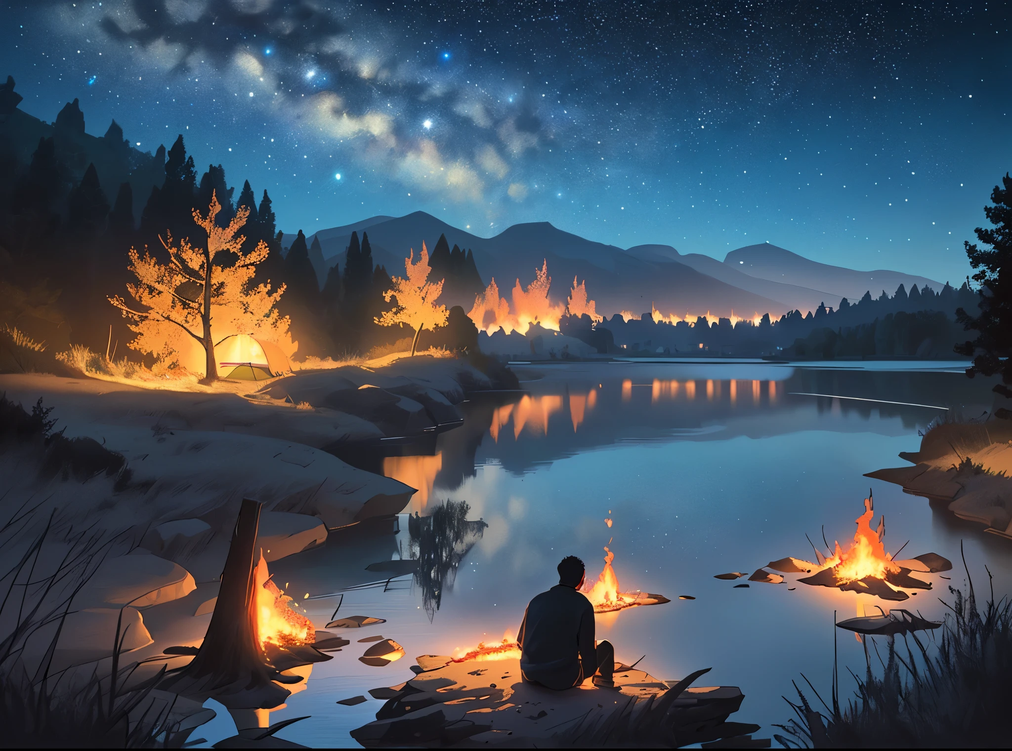 ((best quality)), ((masterpiece)), (detailed), Dark Evening, land scape ,small fire camp ,lake is behind, the sky is full of stars, only one man sitting very close and looking at the fire, back view