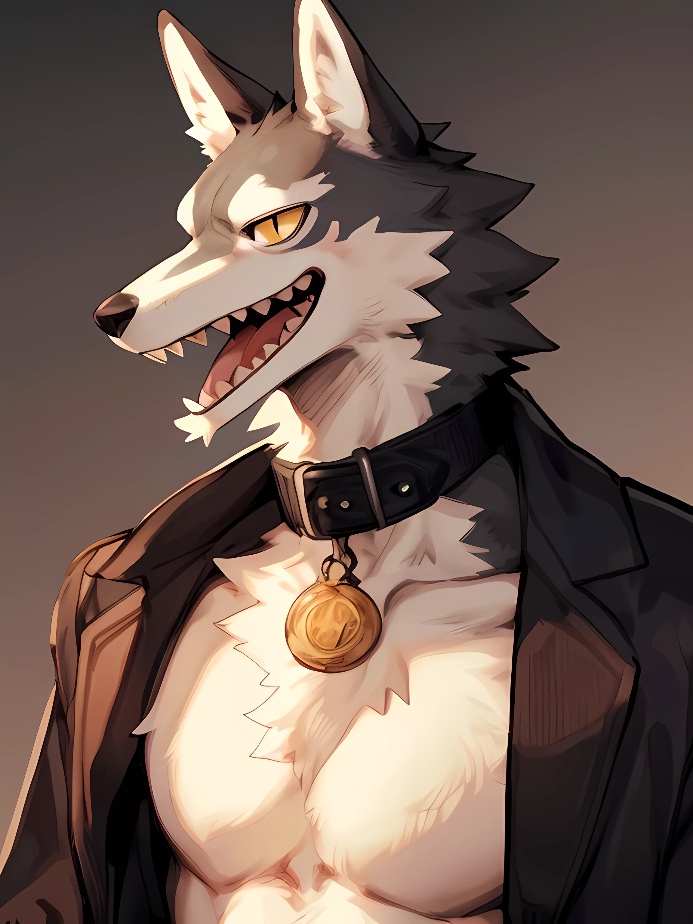 ((By Bebebebebe, by Zackary911, by K0BIT0WANI, by SpiritD, best quality, masterpiece, perfect anatomy, detailed picture)), 1male, skinny muscular, Collar Top Coat, adult, wolf, tail, yellow eyes, focus in face, serious, disembodied furs, handsome, open mouth, sharp teeth, smiling