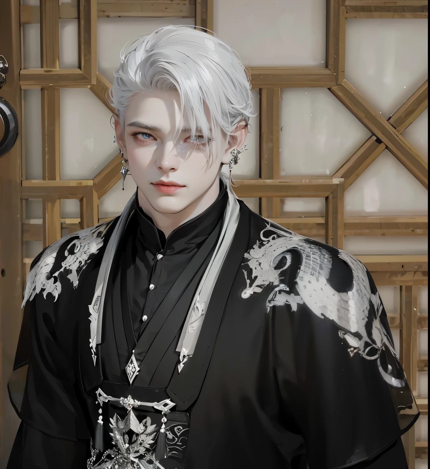 longeyelashes, solid circle eyes, light smile, white hair, hair over one eye, very short hair, earrings, glowing eyes, white eyes, makeup, determined, Verism, anime style, chiaroscuro, cinematic lighting, sparkle, stereogram, projected inset, ((high details, highres, 8k, best quality, high quality, super detail, masterpiece)), sharp eyes