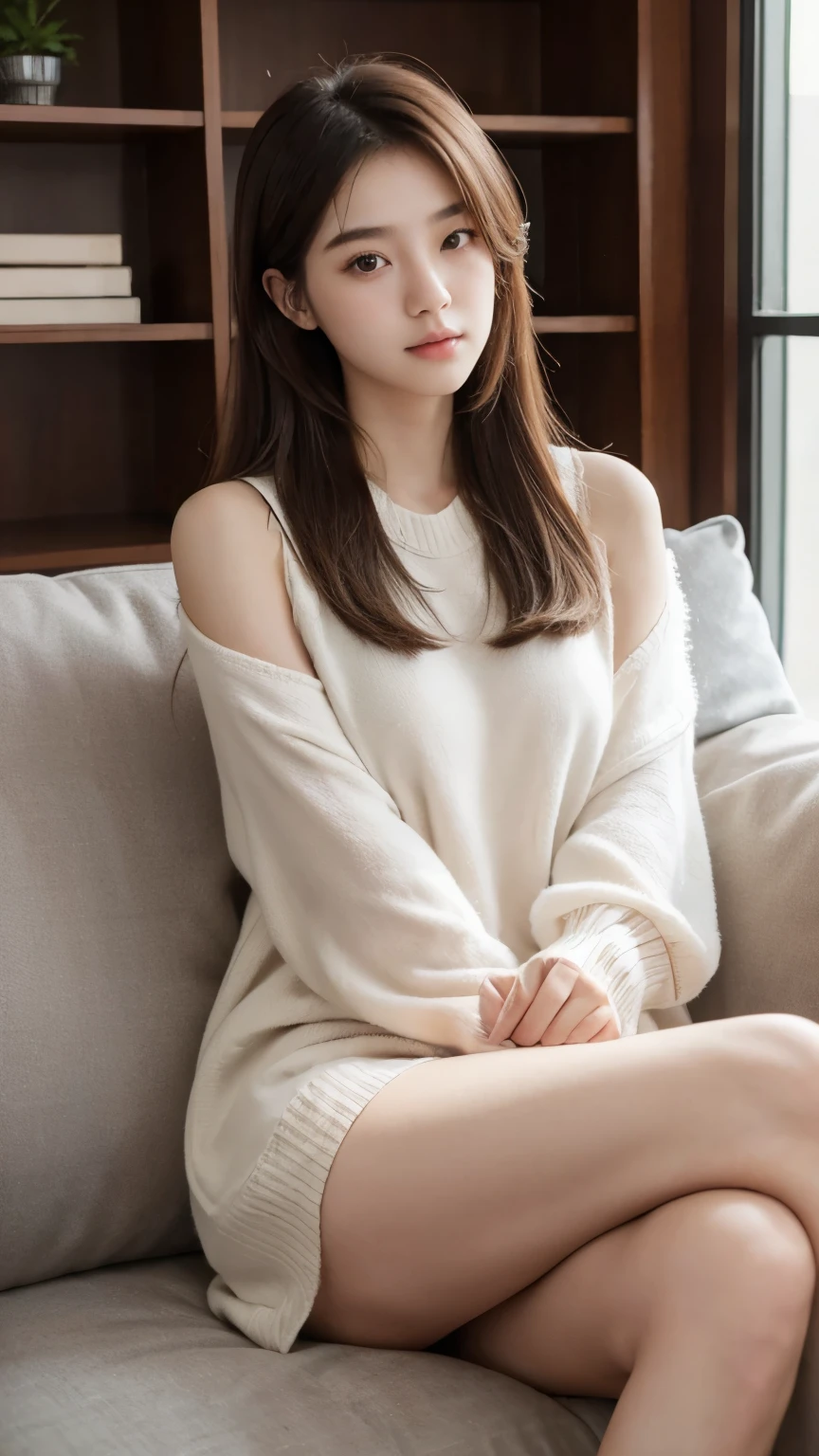 1girl,sitting on a cozy couch,crossing legs,soft light, 21 years, korean girl, high detail, beautiful face