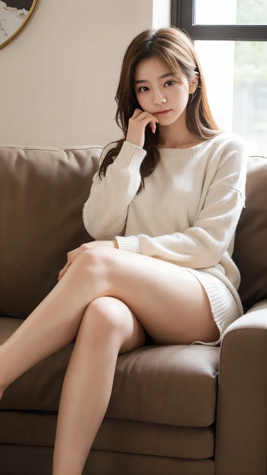 1girl,sitting on a cozy couch,crossing legs,soft light, 21 years, korean girl, high detail, beautiful face