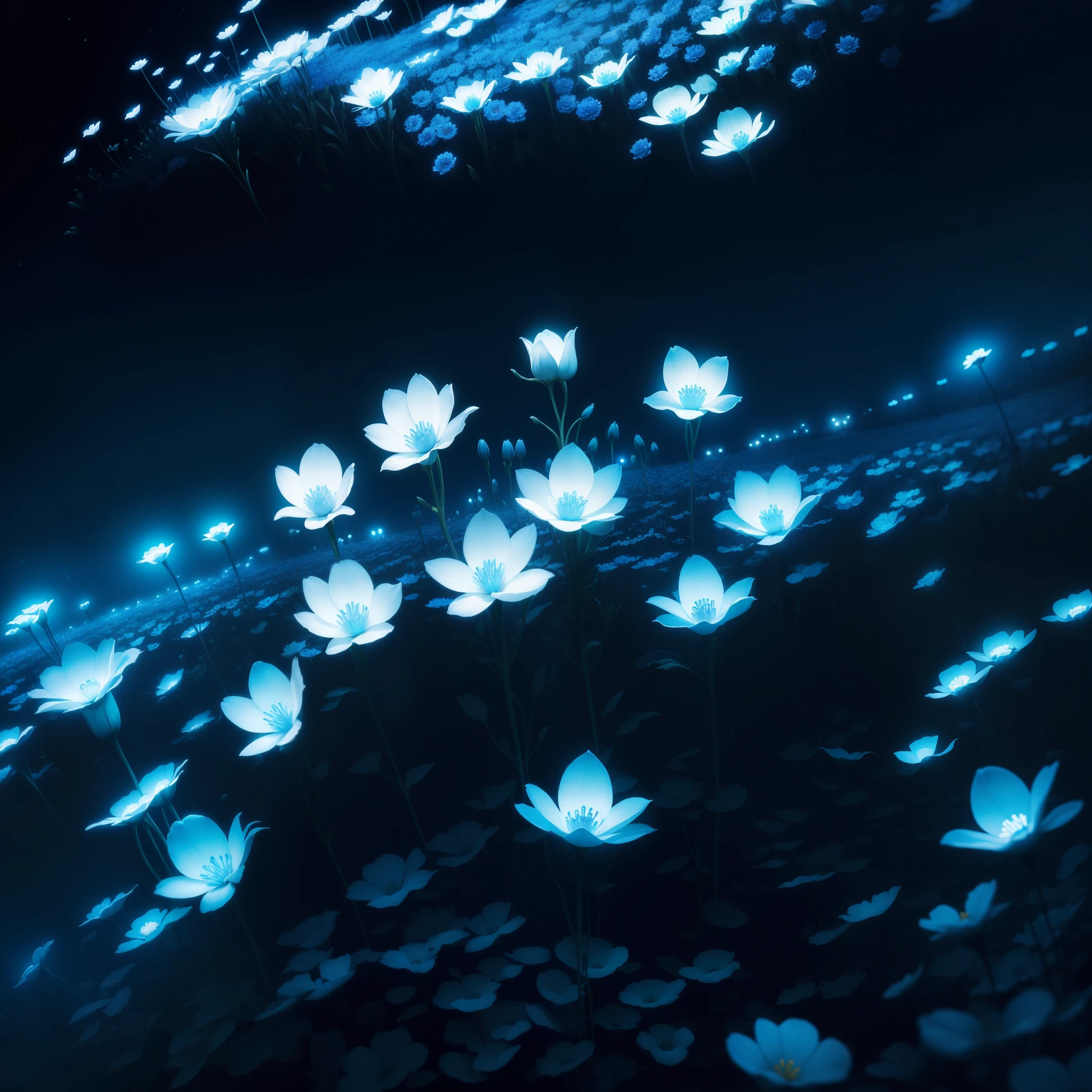 there are many white flowers in the dark with a black background, glowing flowers, luminous flowers, beautiful blue lights, glowing blue, bioluminescent plants, night sky full of flowers, by Bruce Munro, blues. beautiful, ethereal blue lighting, blue lights, field of flowers at night, blue flowers, blue bioluminescence
