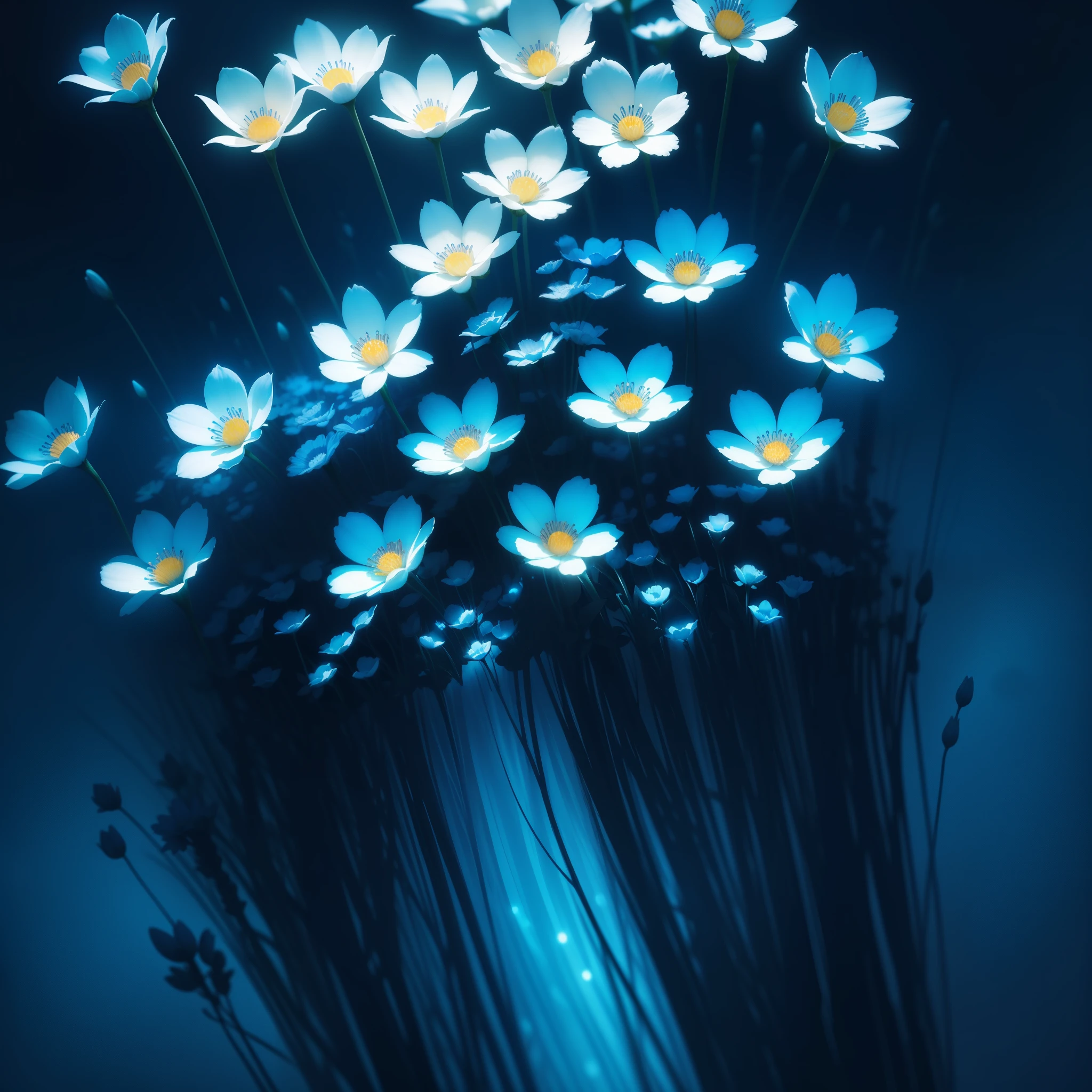 there are many white flowers in the dark with a black background, glowing flowers, luminous flowers, beautiful blue lights, glowing blue, bioluminescent plants, night sky full of flowers, by Bruce Munro, blues. beautiful, ethereal blue lighting, blue lights, field of flowers at night, blue flowers, blue bioluminescence