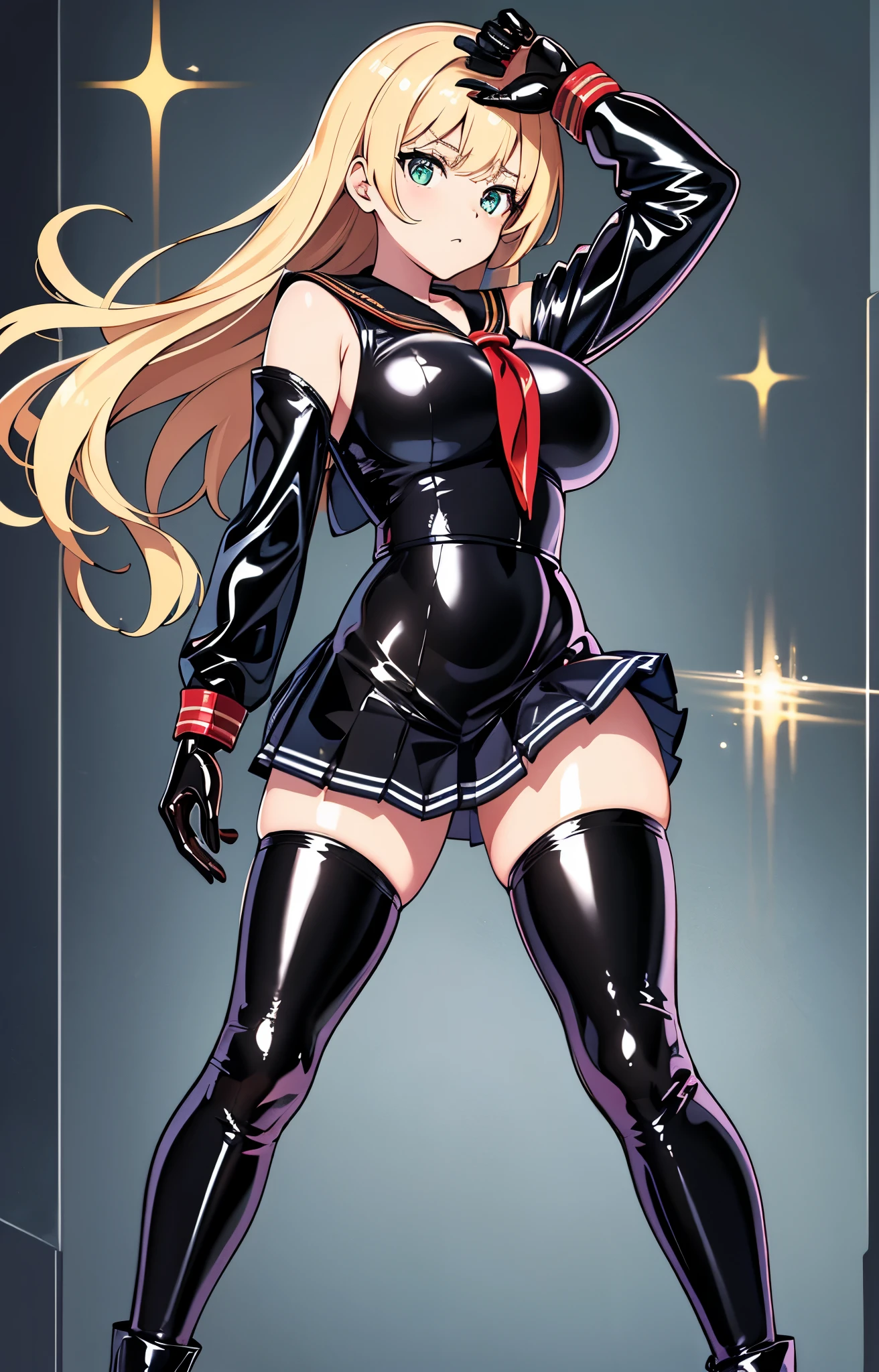 official art, Mistress、Highly detailed CG Unity 8K wallpaper, highest quality, masterpiece, High resolution,shiny latex thigh-high boots, Blonde straight long hair, brown belt, leather shoulder bag、latex gloves, (shiny latex sailor suit:1.6)、(Latex School Uniform)、(shiny latex pleated skirt:1.6)、 Leather texture, full body photo, melon face, small face, (big breasts)、(Get angry)、(latex high heels)、tread on、kicking