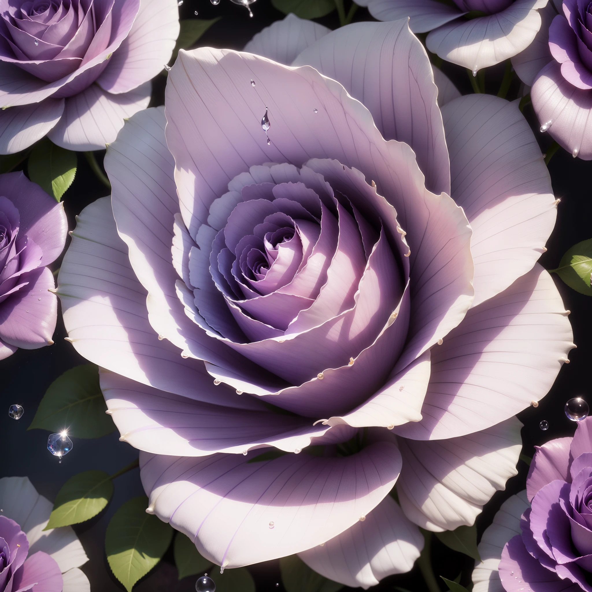 purple and white roses with water droplets on them in a garden, a macro photograph by Perle Fine, tumblr, romanticism, beautiful detail and color, beautiful detail, beautiful!!!!!!!!!, beautiful flowers and crystals, incredibly beautiful, beautiful flower, exquisite detail perfect, beautiful details, detailed flowers, stunning detail, magical flowers, unbelievably beautiful, stunningly beautiful