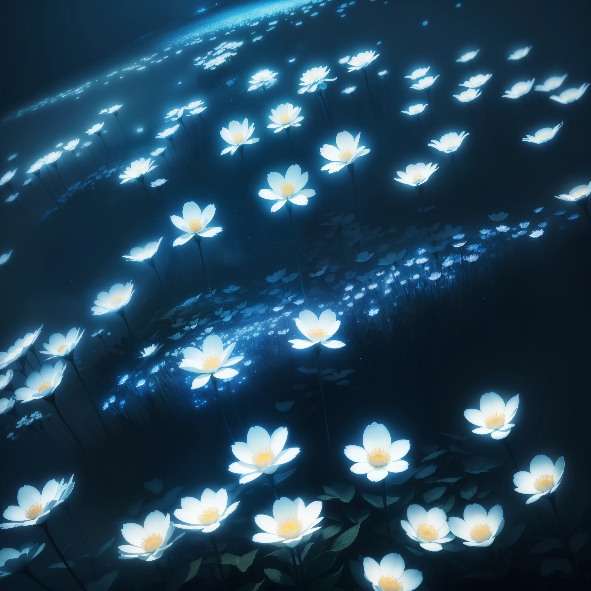 there are many white flowers in the dark with a black background, glowing flowers, luminous flowers, beautiful blue lights, glowing blue, bioluminescent plants, night sky full of flowers, by Bruce Munro, blues. beautiful, ethereal blue lighting, blue lights, field of flowers at night, blue flowers, blue bioluminescence