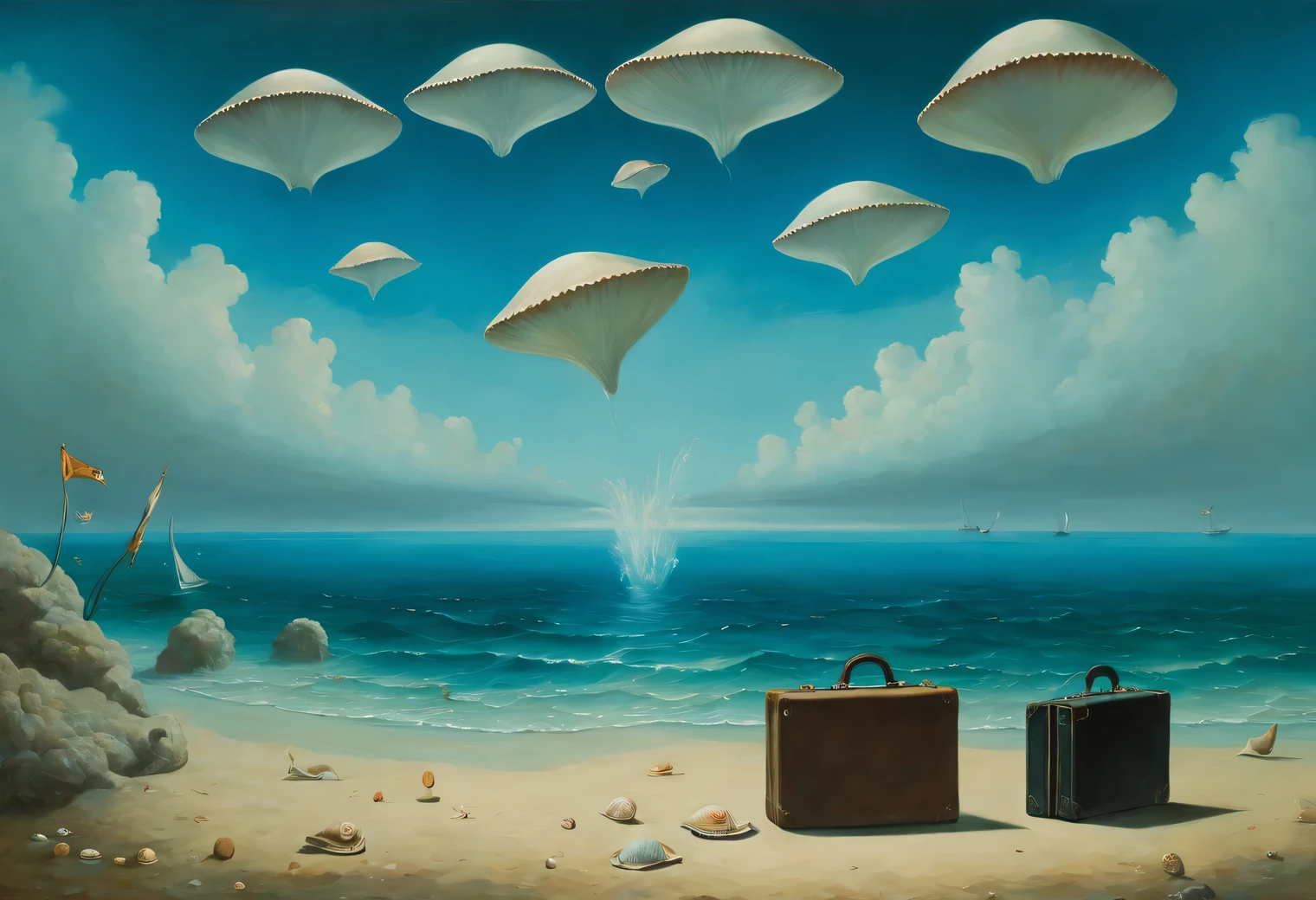 Magic Pictures, surrealism, Vanguard, Abstraction, Optical illusions, optical effects in the picture, combination of styles, Hidden meanings, oil, canvas, at the bottom of the sea with clear azure water, living politicians with briefcases in business suits, Sea shells, stingrays, Flying fish, Ivan Aivazovsky, Yves Tanguy, Giorgio de Chirico