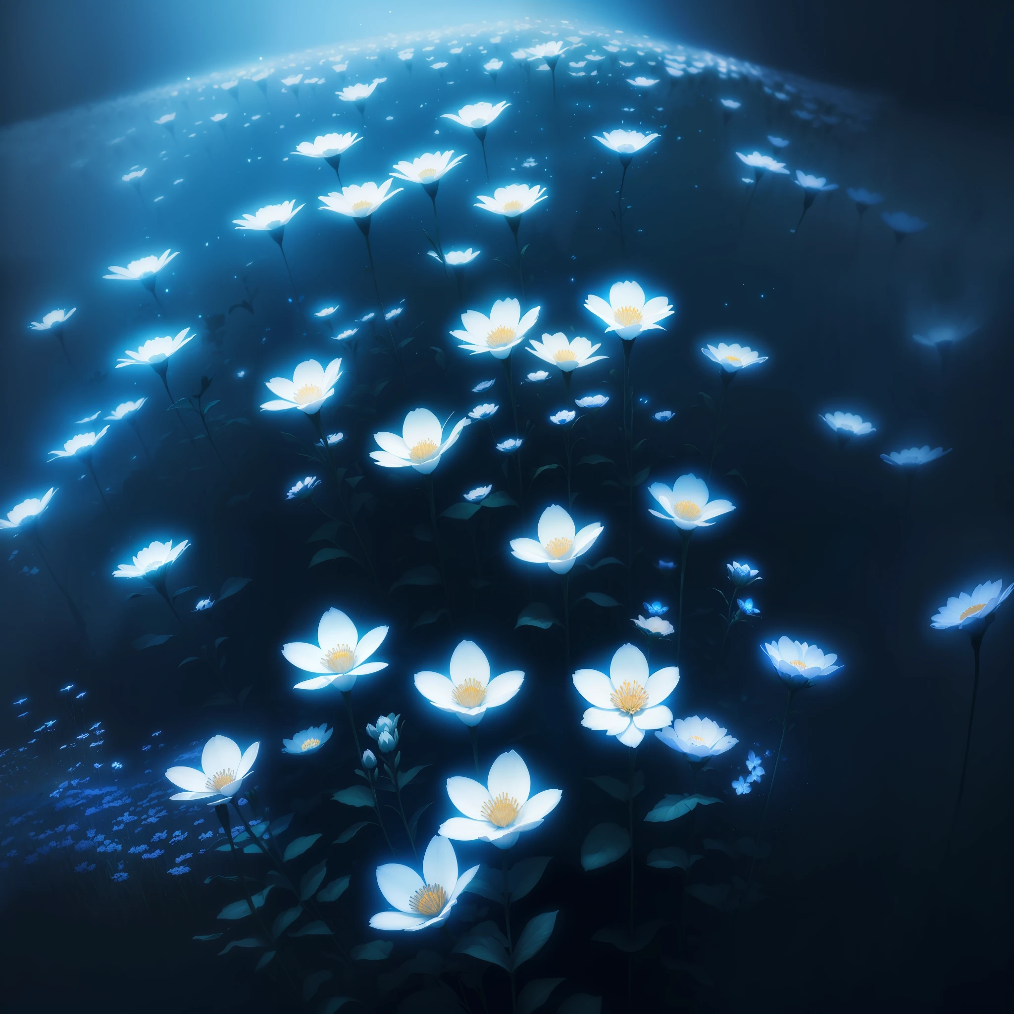 there are many white flowers in the dark with a black background, digital art by Bruce Munro, flickr, conceptual art, glowing flowers, luminous flowers, beautiful blue lights, glowing blue, bioluminescent plants, night sky full of flowers, blues. beautiful, ethereal blue lighting, blue lights, field of flowers at night, blue flowers